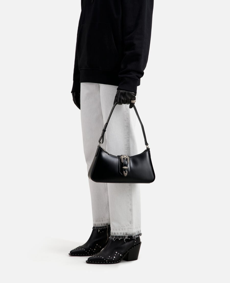 The Kooples F BLACK black glazed leather joe bag with western buckle