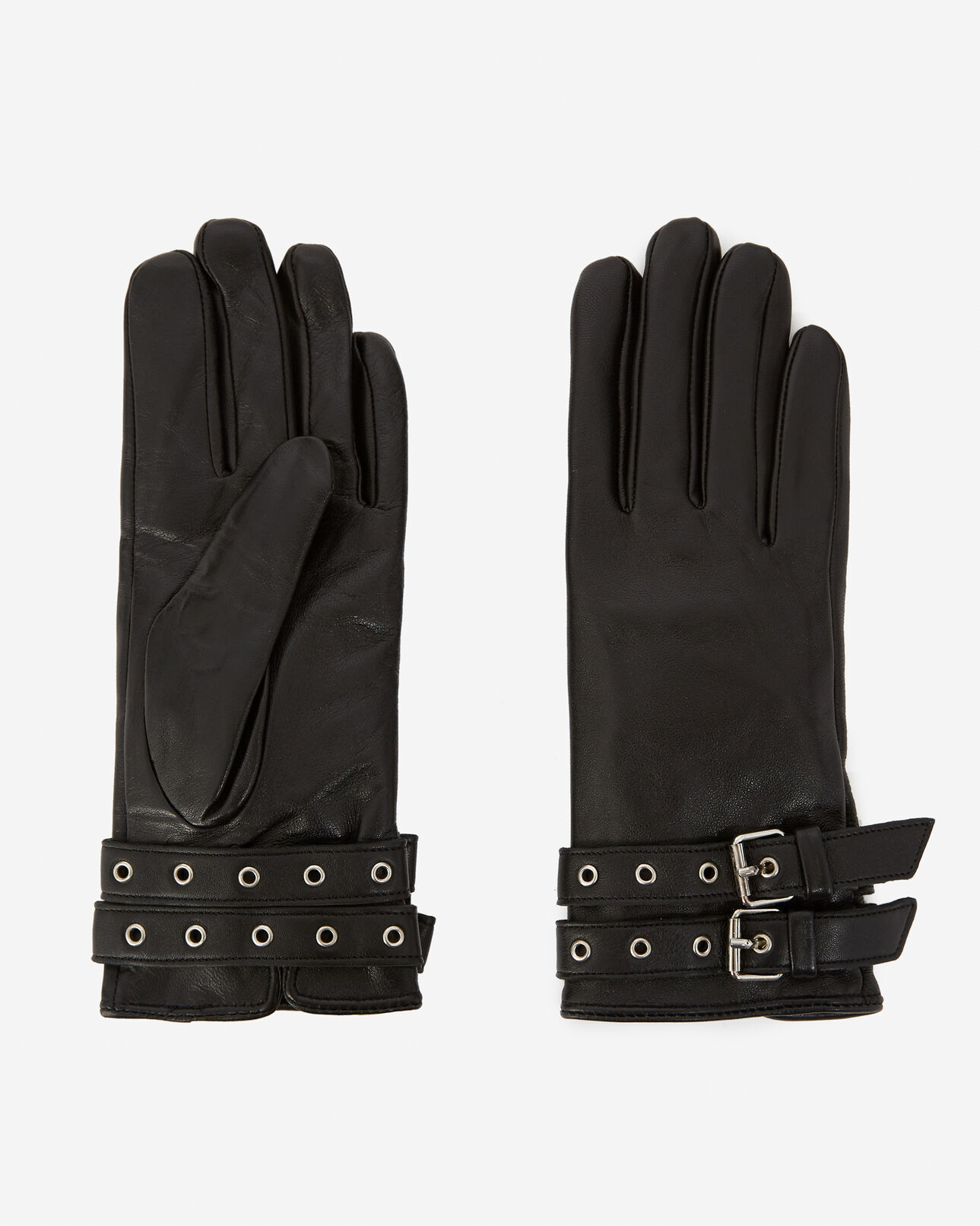 The Kooples WOMEN BLACK black lined leather gloves with double buckle