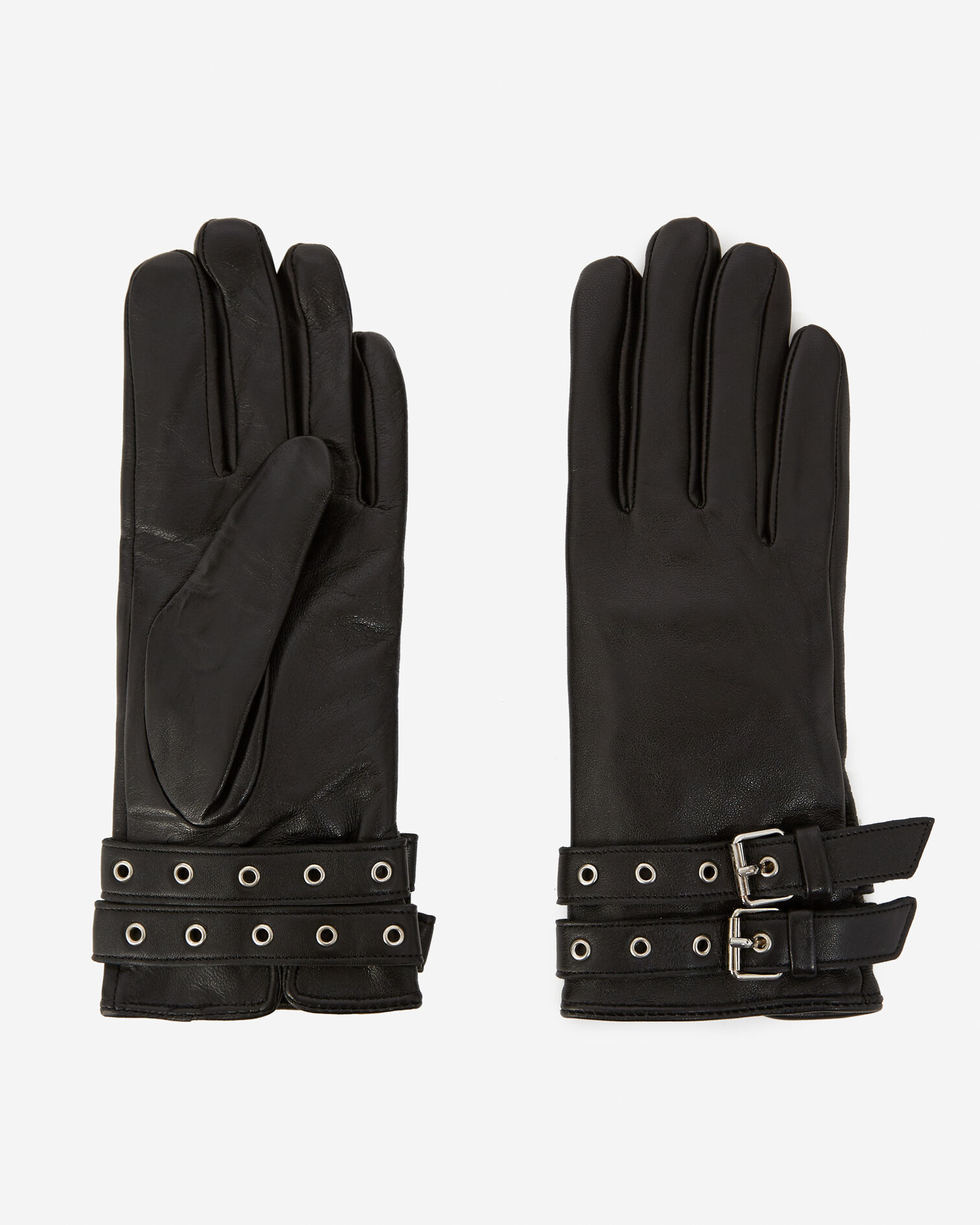 Black lined leather gloves with double buckle, BLACK, hi-res image number null