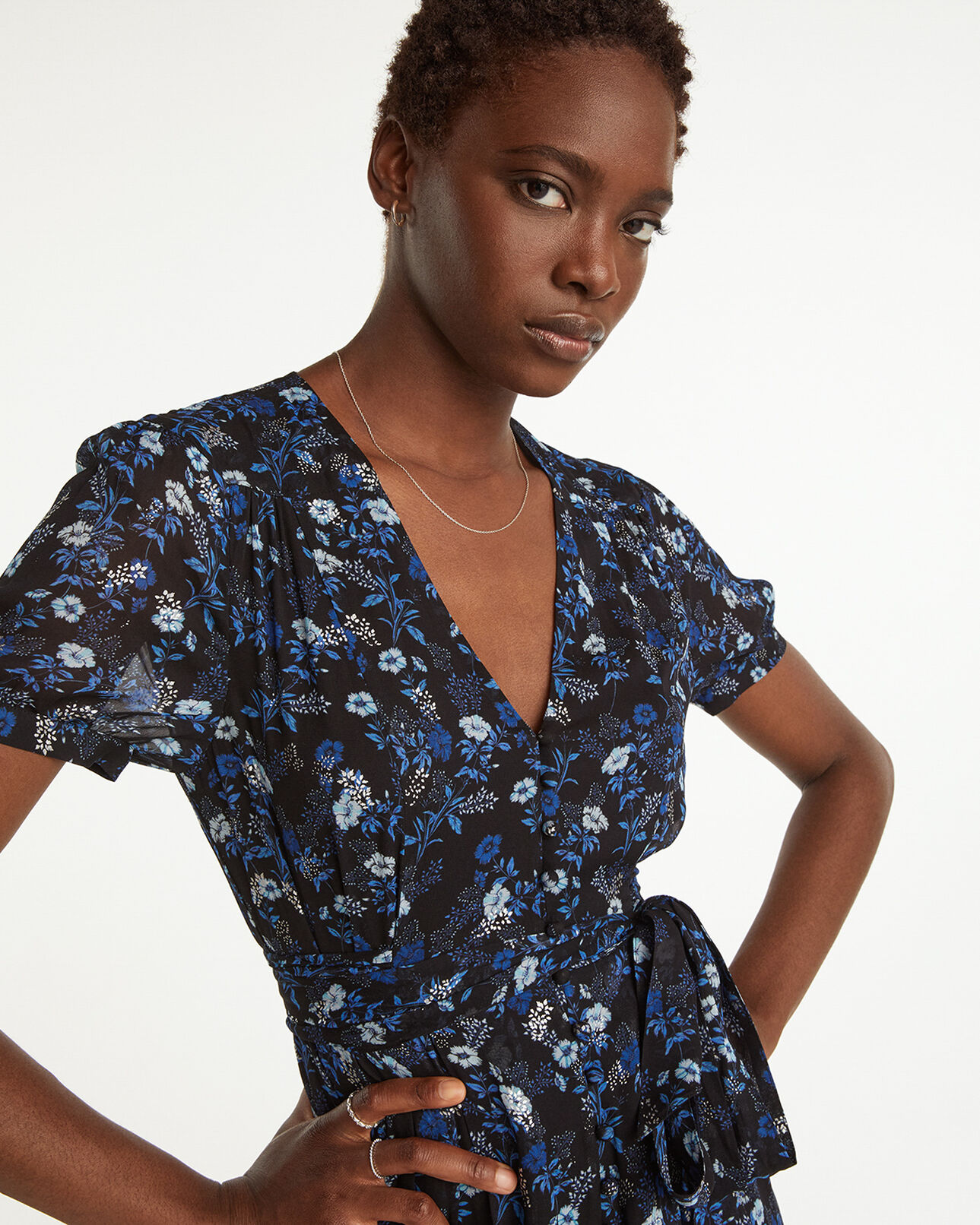 The Kooples WOMEN BLUE long dress with floral print - silver detail