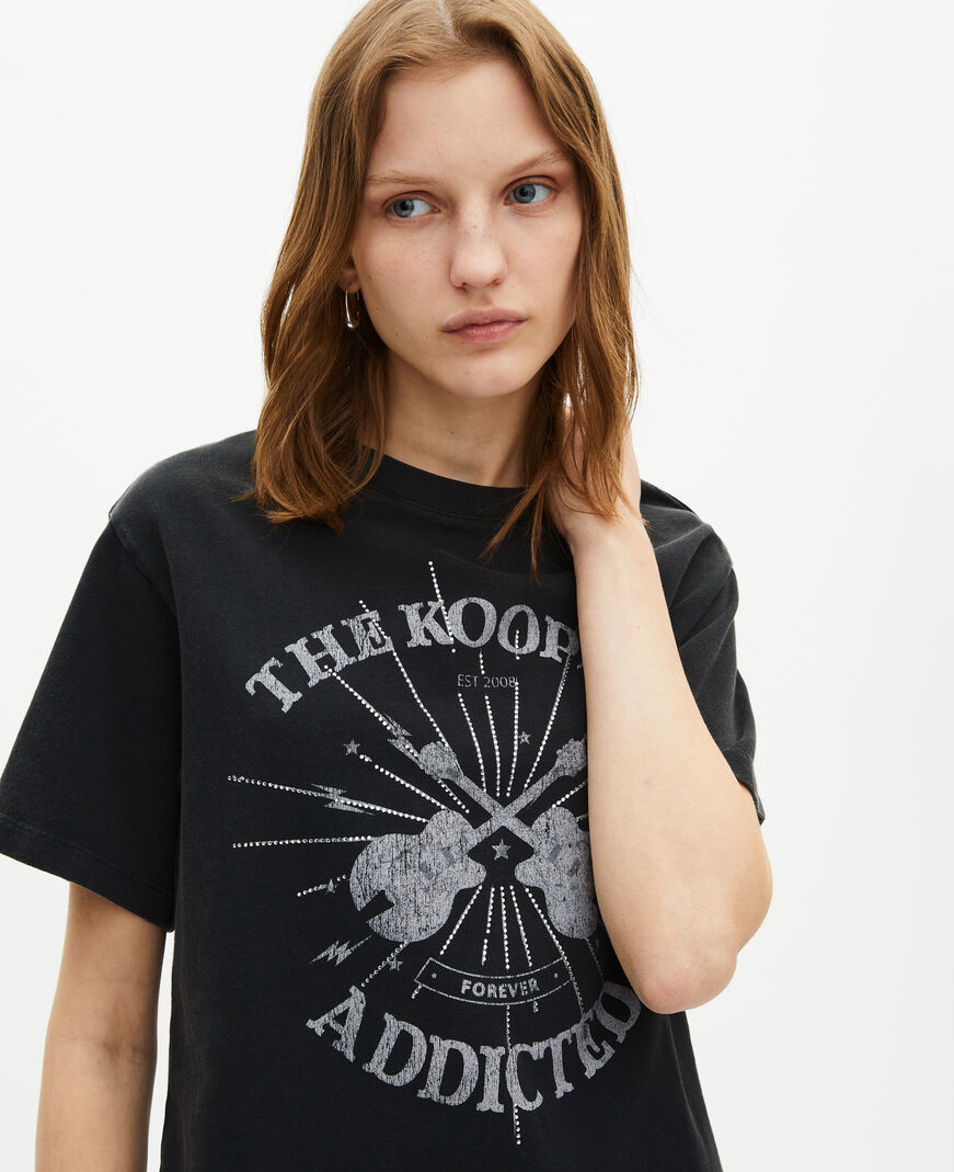 The Kooples WOMEN BLACK WASHED t-shirt with faded black rhinestone screen print