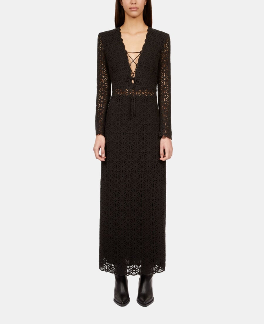 The Kooples FEMME BLACK robe longue en guipure noire