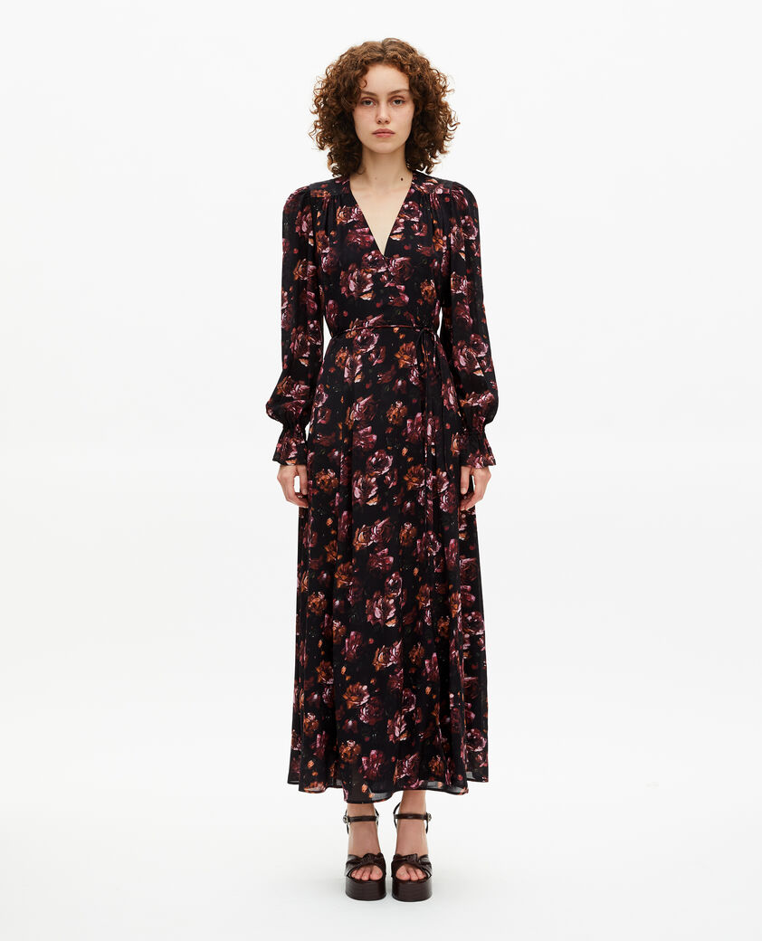 The Kooples FEMME BLACK - RED robe longue imprimé fleuri en soie mélangée bordeaux