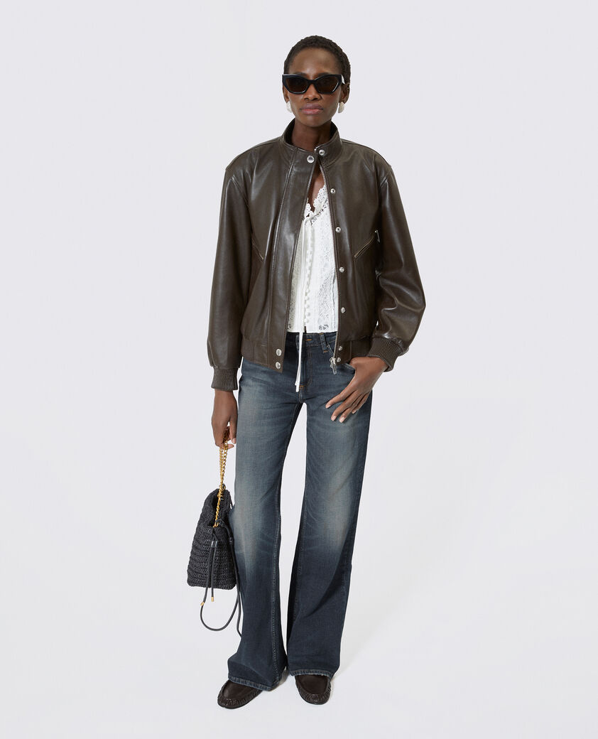 The Kooples FEMME CAFE blouson zipp&eacute; en cuir marron