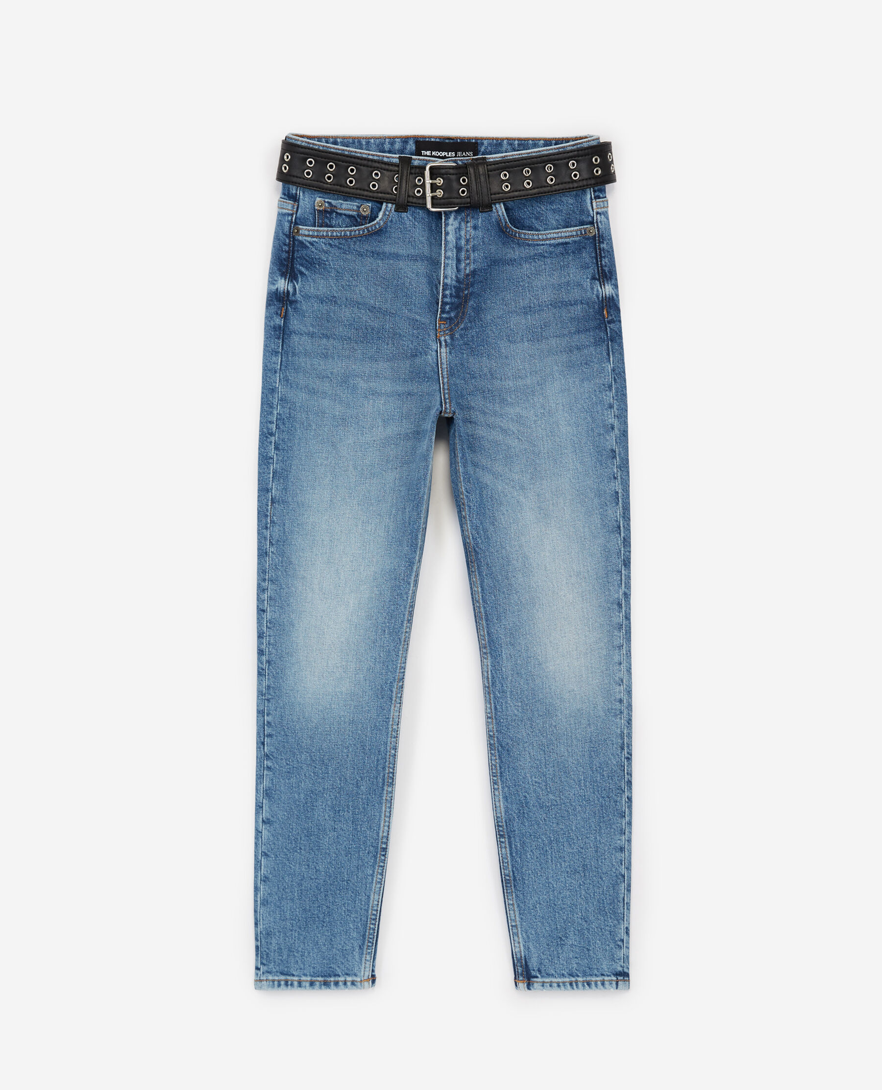 Slim fit blue jeans with leather effect belt