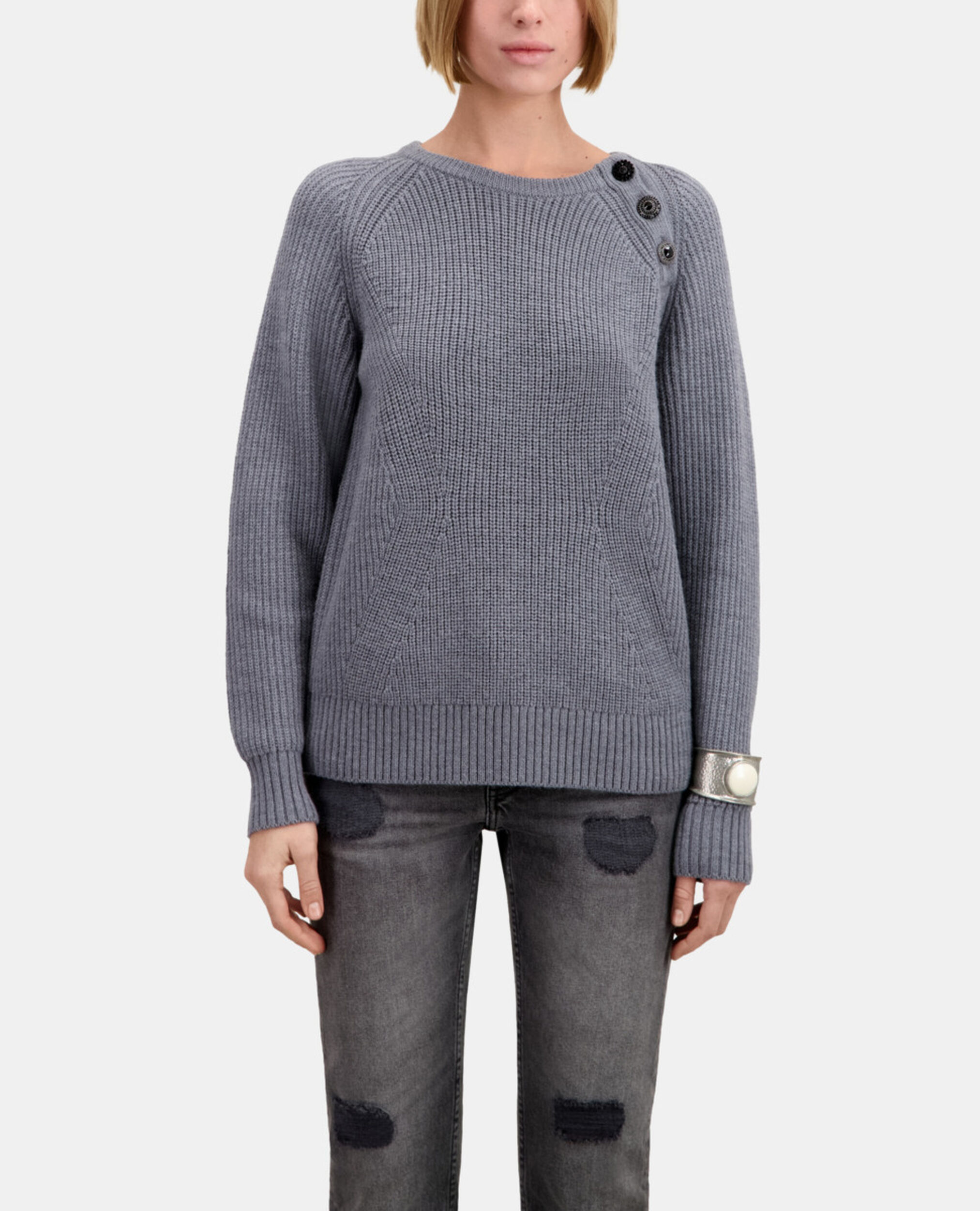 Grey wool sweater with bijou buttons, MIDDLE GREY MEL, hi-res image number null