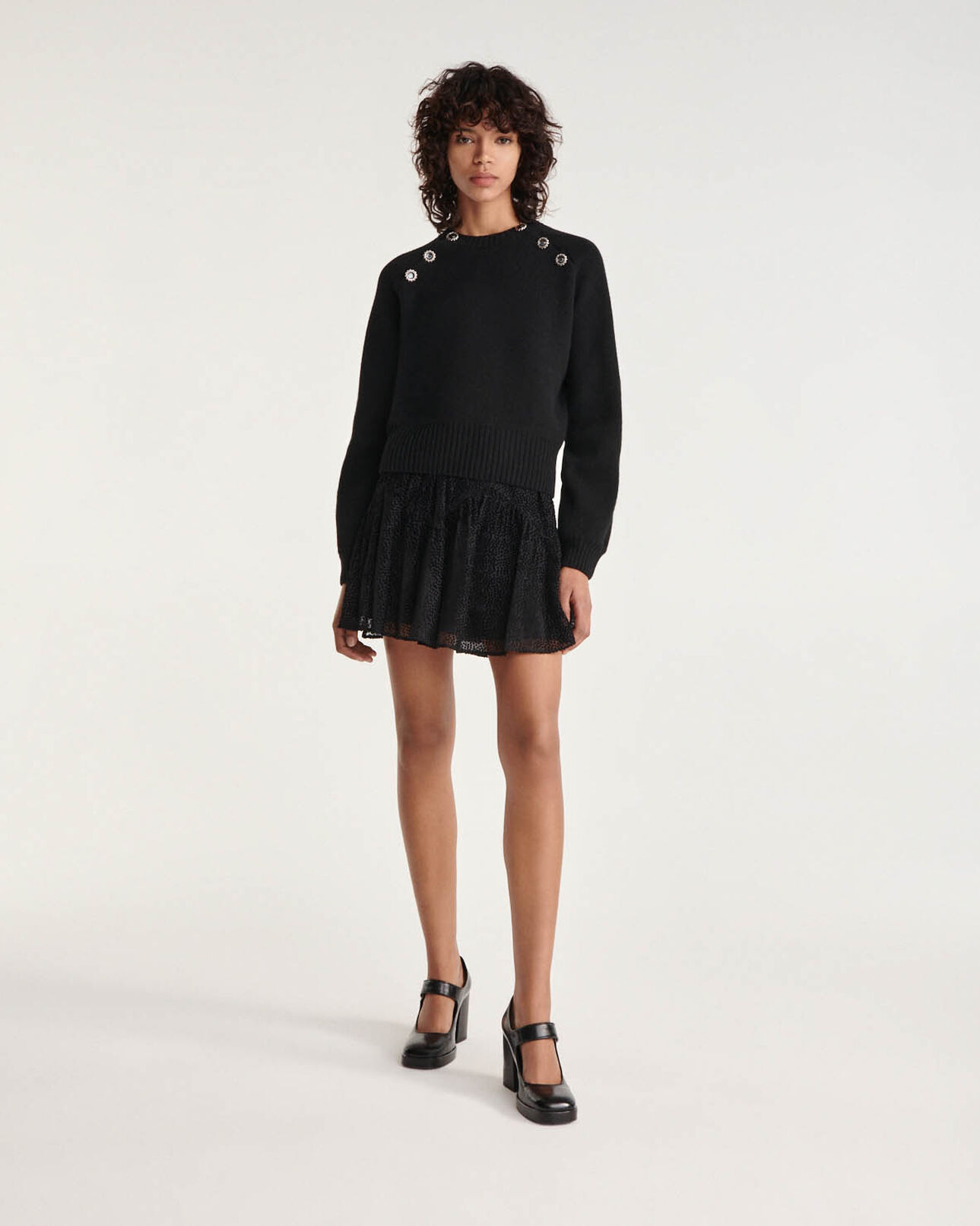 The Kooples FEMME BLACK pull laine noir col rond attaches bijoux