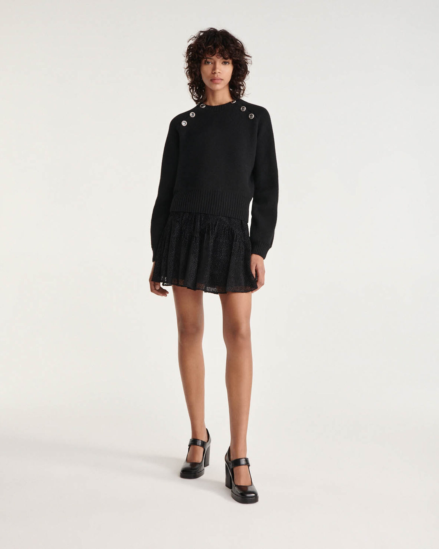 Pull laine noir col rond attaches bijoux, BLACK, hi-res image number null