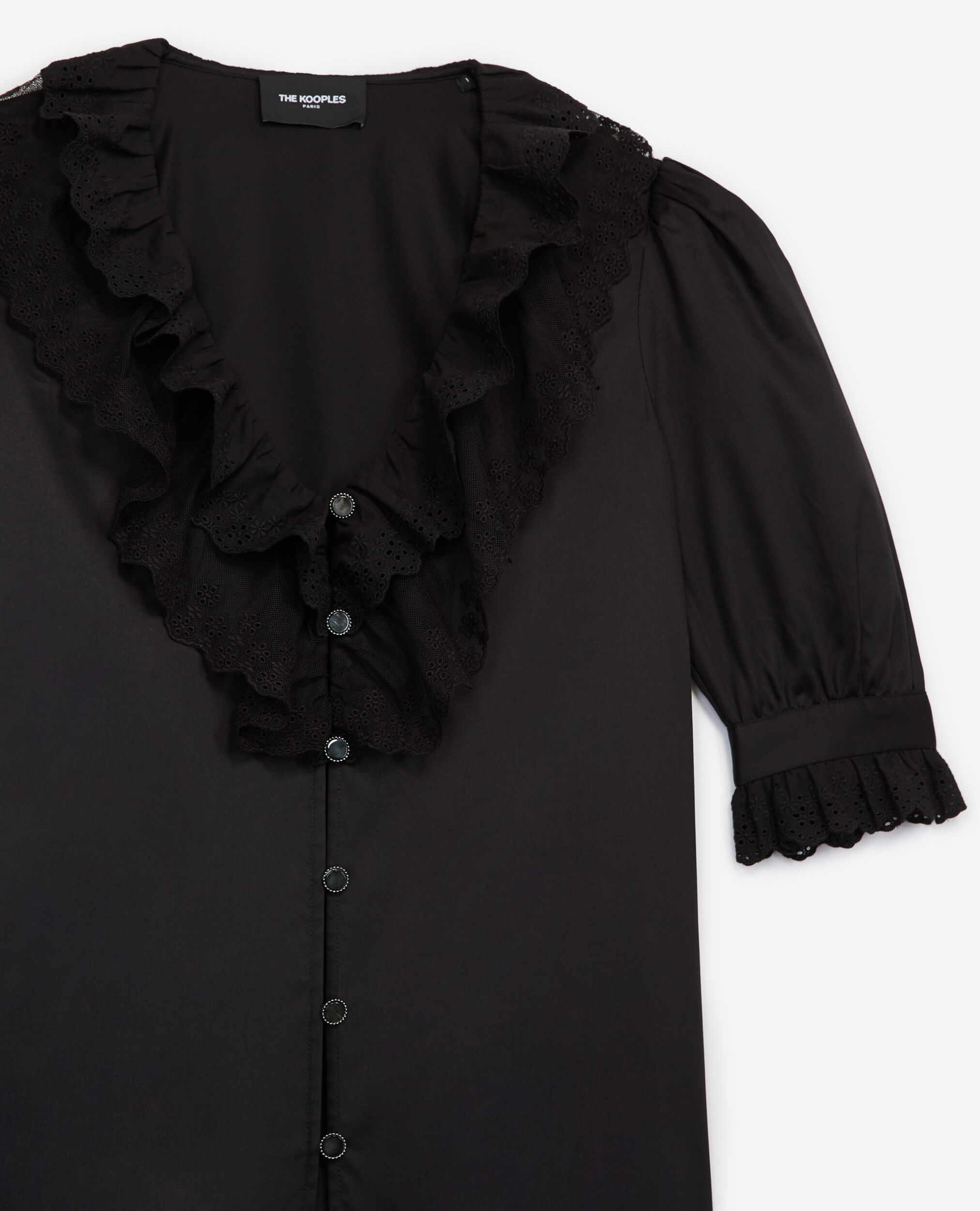 Schwarzes Baumwollhemd mit Volants, BLACK, hi-res image number null