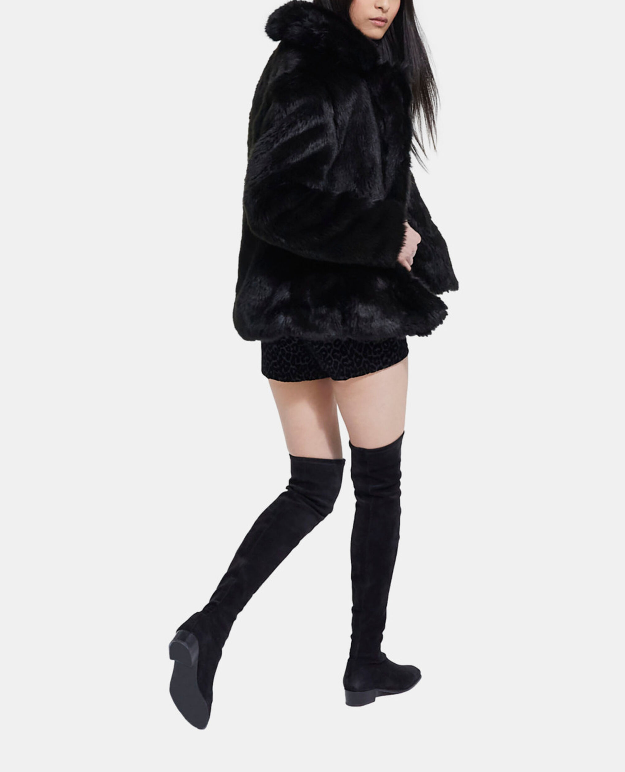 Black faux fur coat, BLACK, hi-res image number null