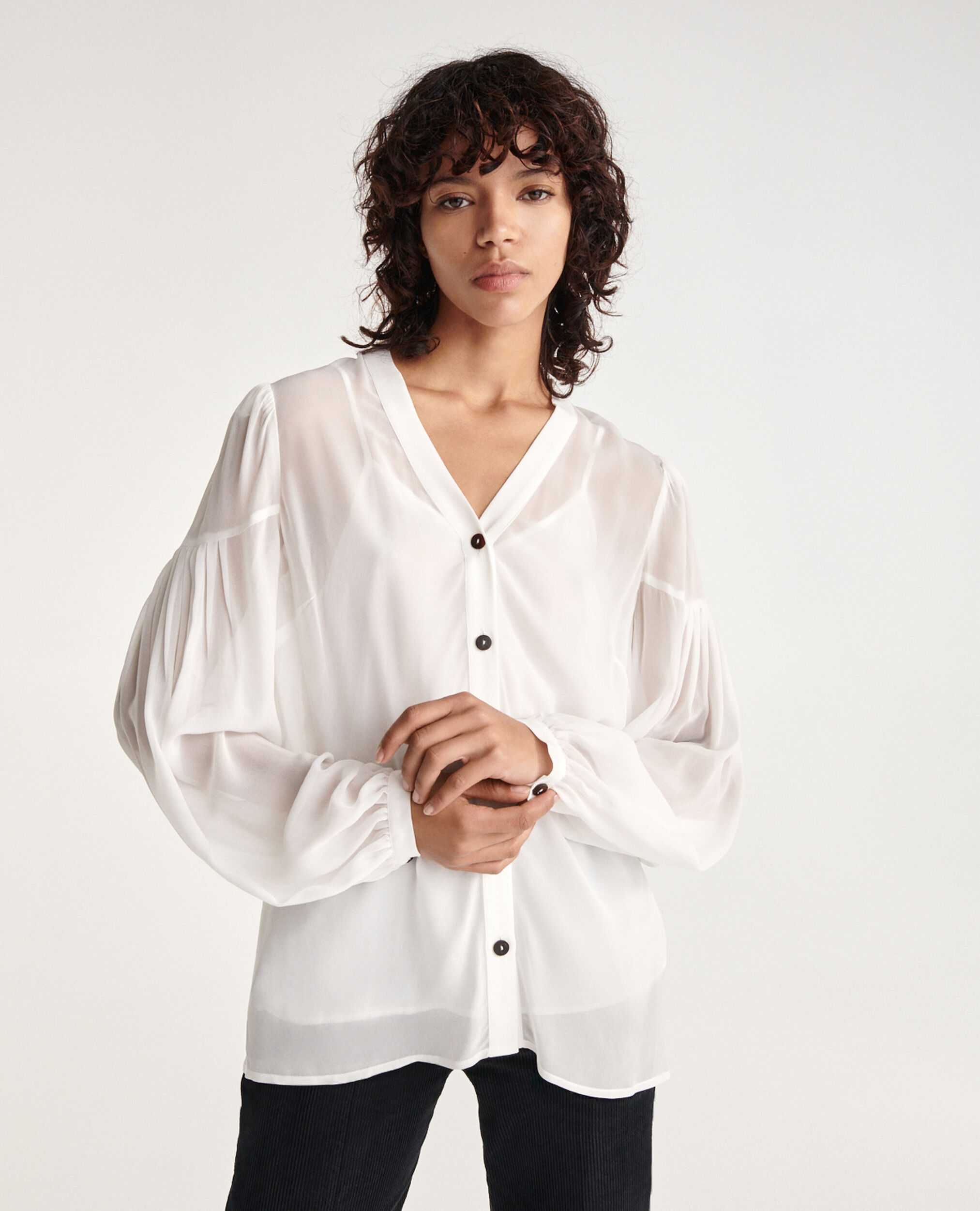 Loose V-neck buttoned ecru shirt, ECRU, hi-res image number null