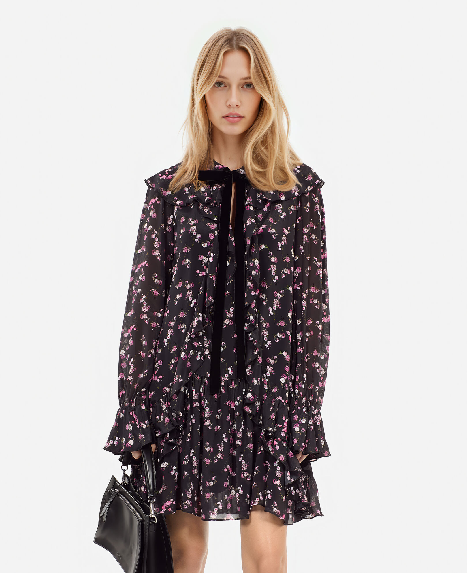 The Kooples MUJER BLACK vestido corto volantes estampado floral