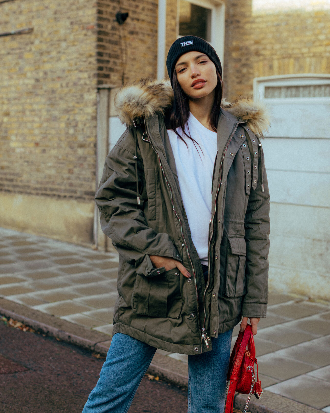 The Kooples FEMME KAKI parka coton kaki col à fourrure