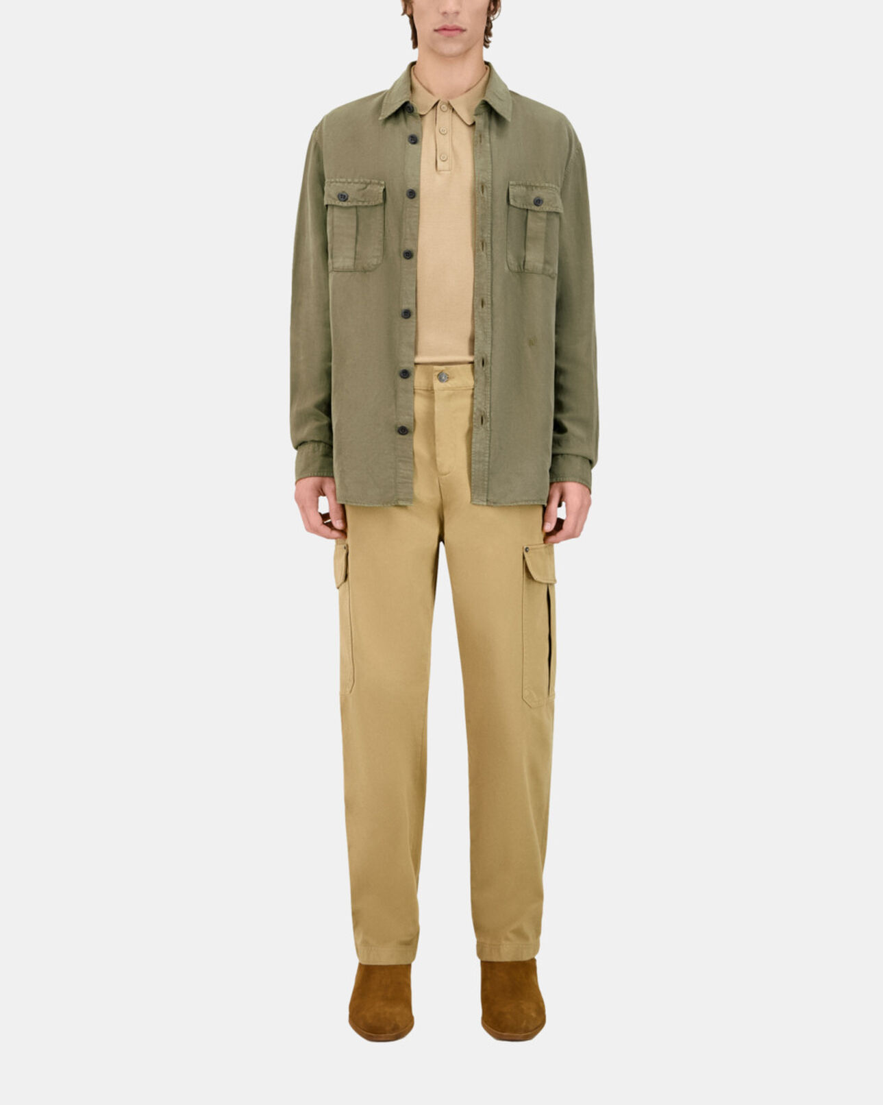 The Kooples MEN KAKI khaki lyocell and linen shirt
