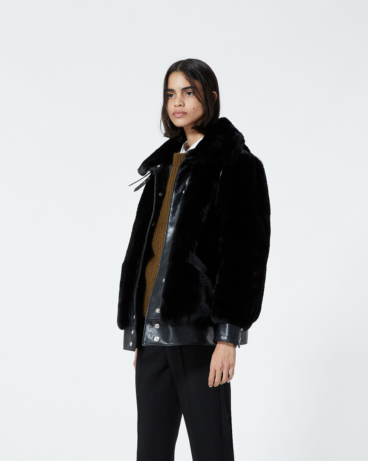 The Kooples WOMEN BLACK black faux fur coat with leather detail