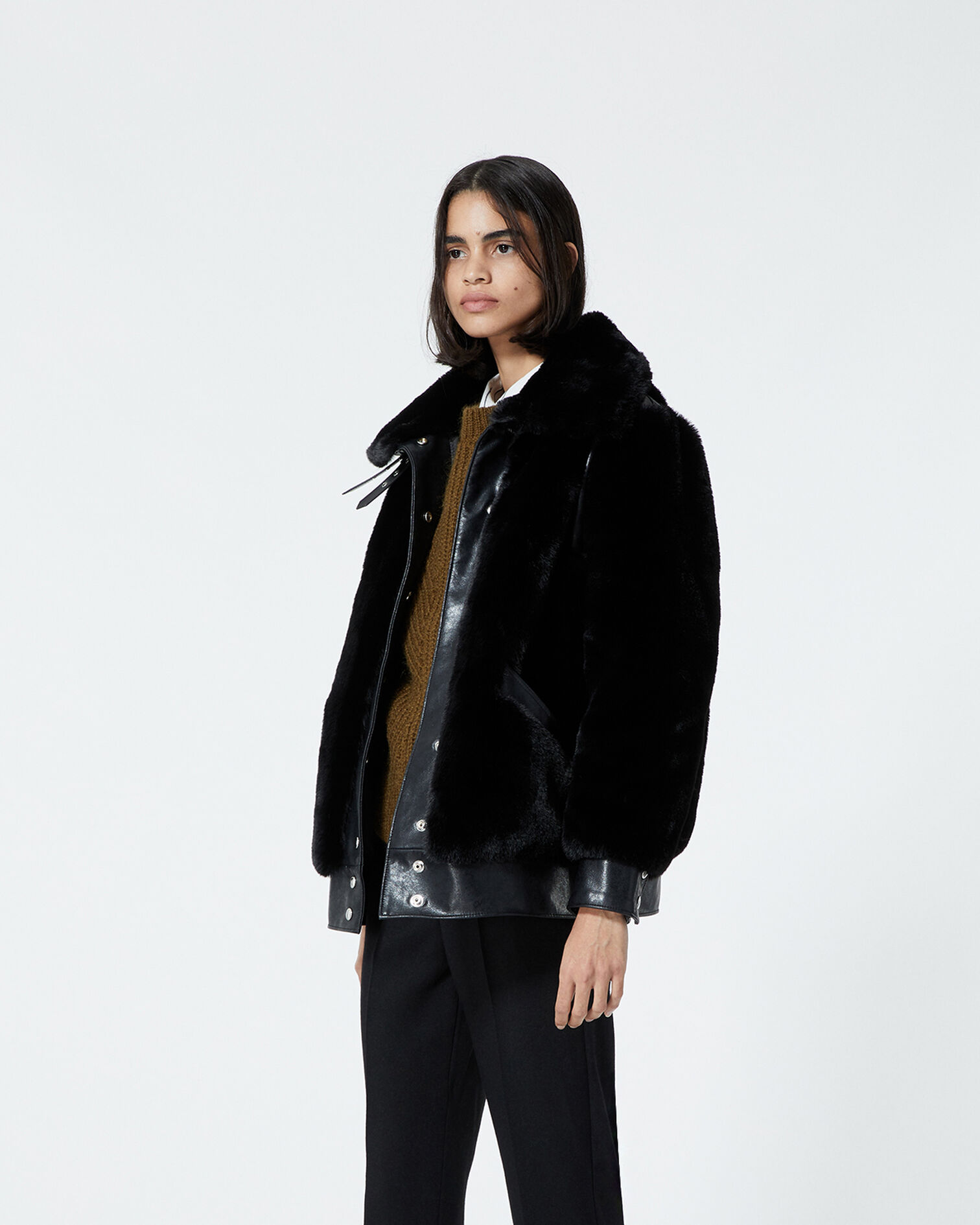 Black faux fur coat with leather detail, BLACK, hi-res image number null