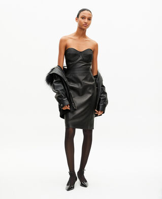 The Kooples DAMEN BLACK kurzes tr&auml;gerloses kleid aus schwarzem leder