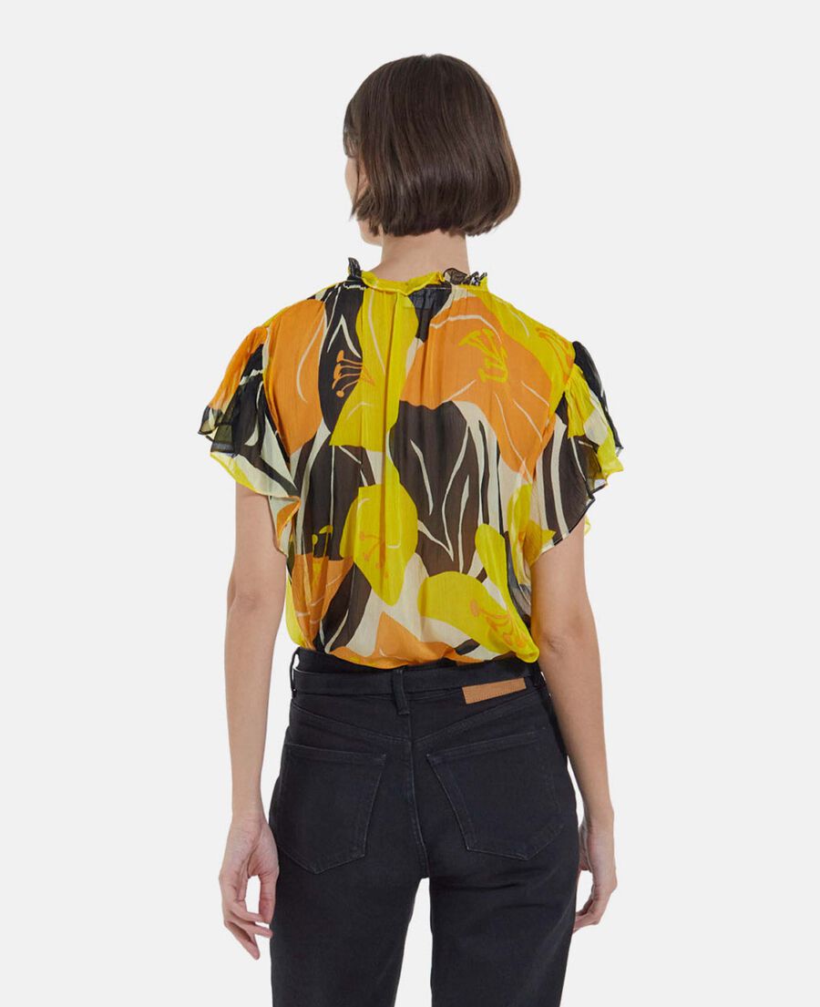 flowing yellow printed top with frills