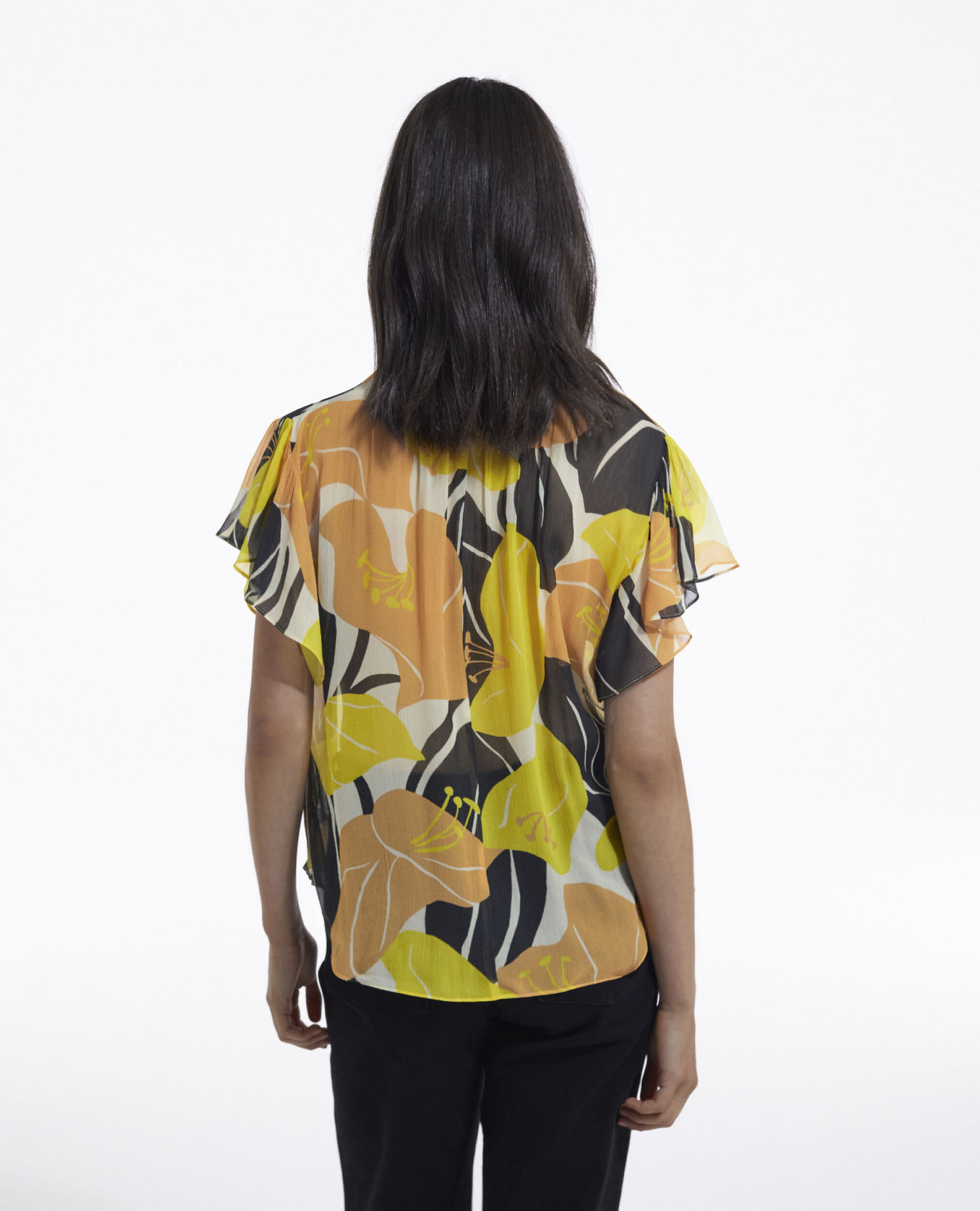 Flowing yellow printed top with frills, YELLOW, hi-res image number null