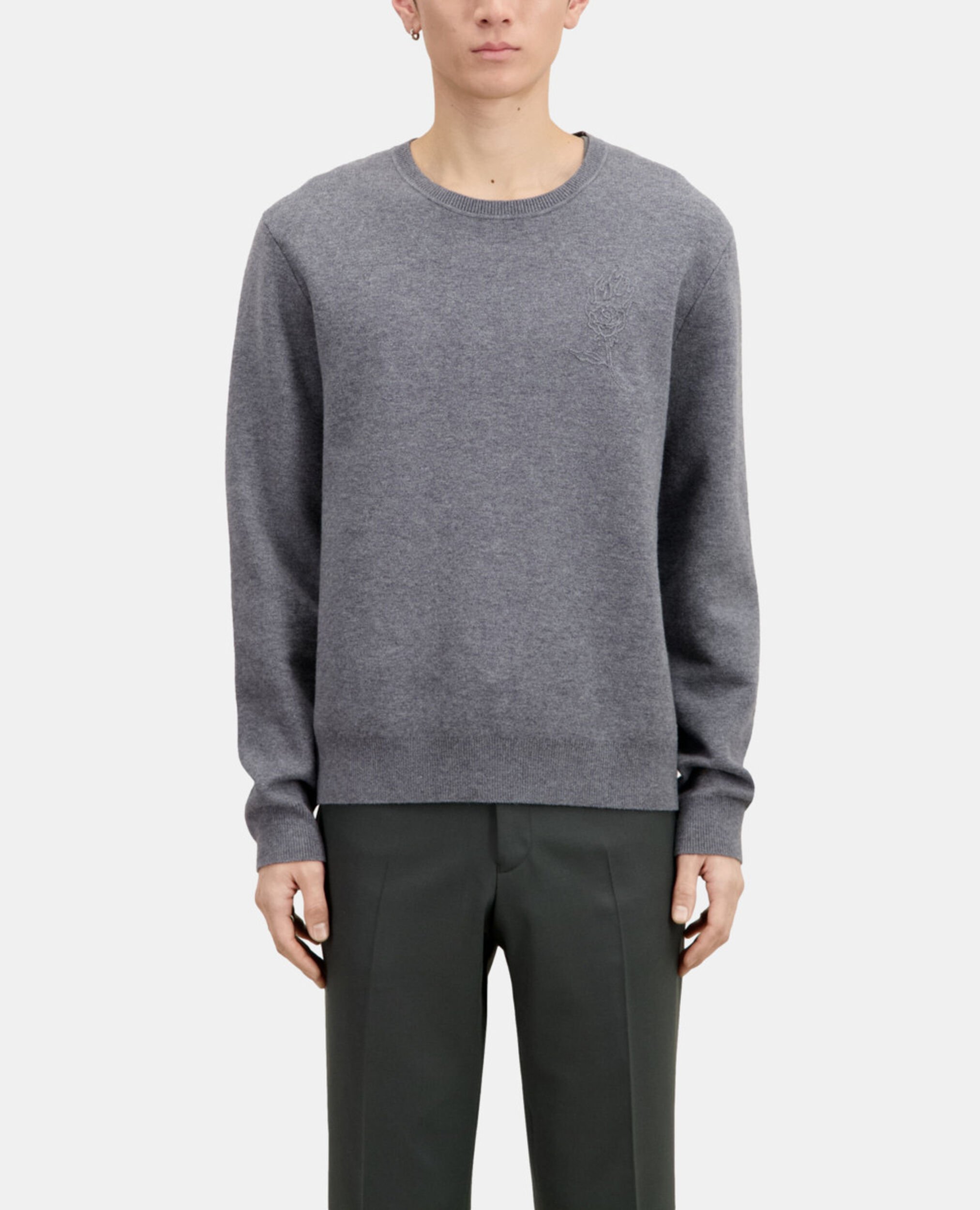 Pull en laine mélangée avec broderie gris, MELANGE GREY, hi-res image number null