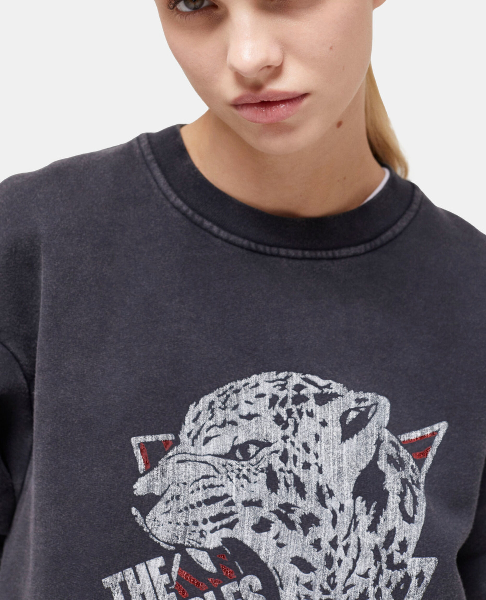 Sweatshirt sérigraphié tigre noir, BLACK WASHED, hi-res image number null