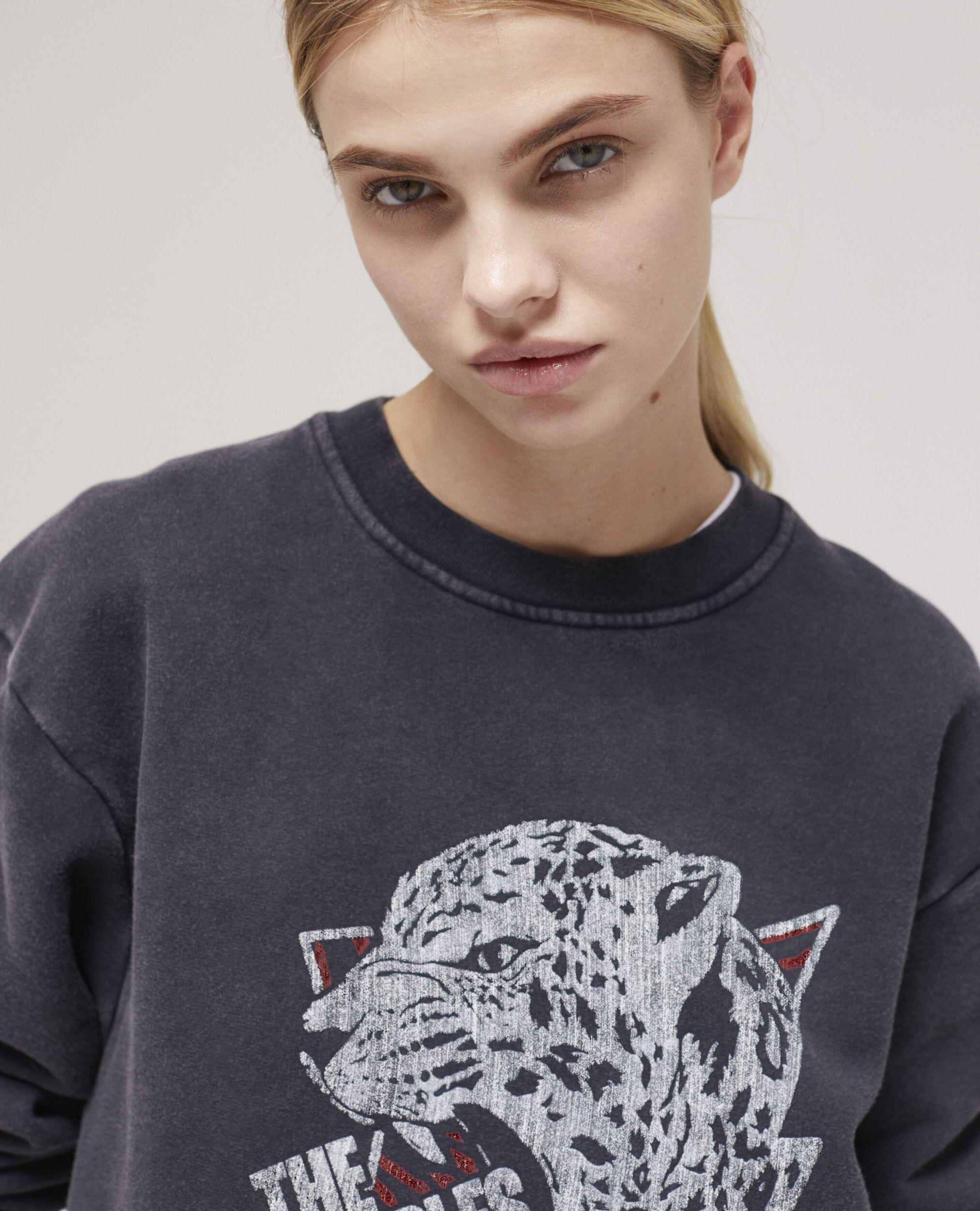 Black sweatshirt with a tiger screen print, BLACK WASHED, hi-res image number null