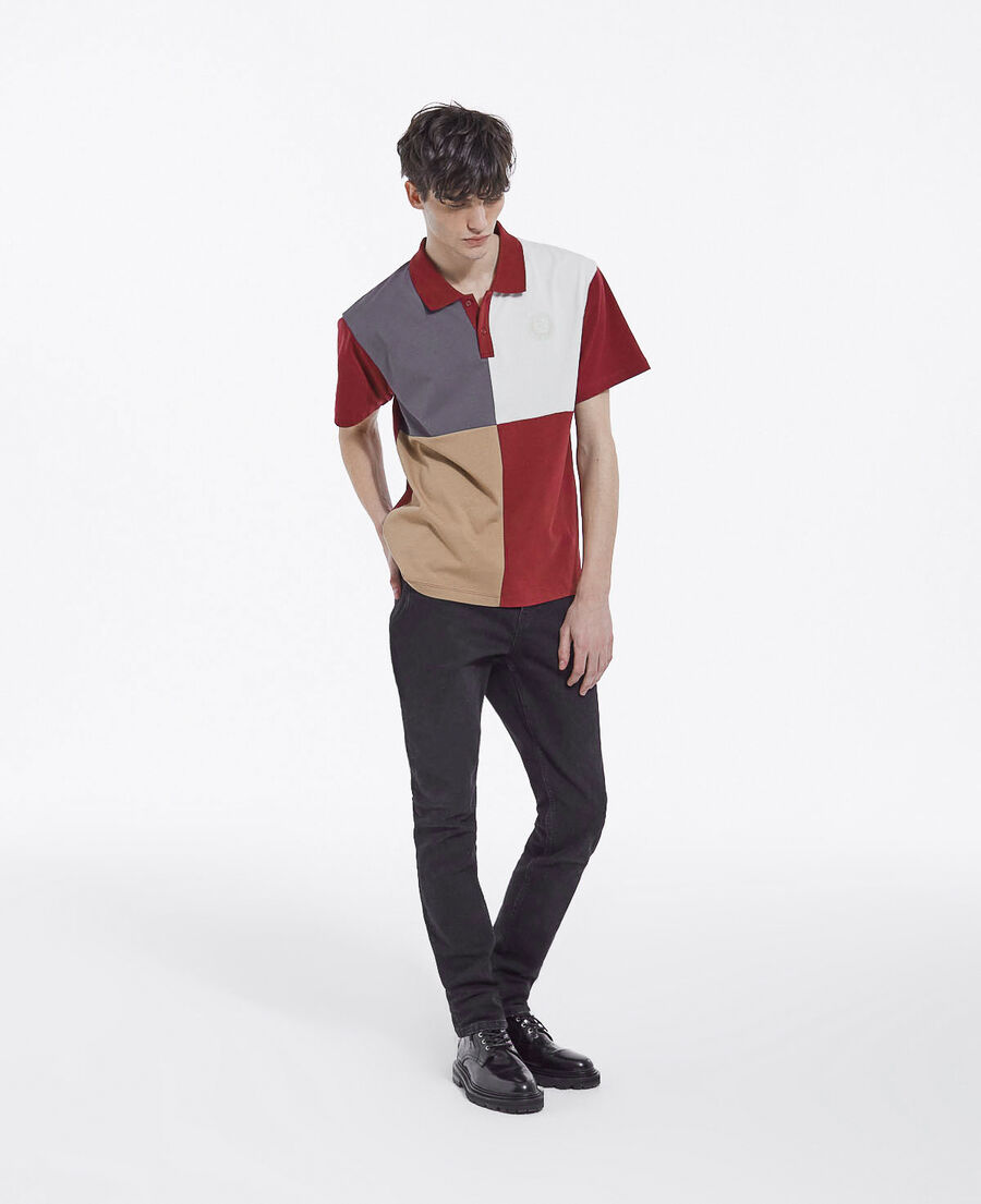 burgundy polo with multicolored patchwork