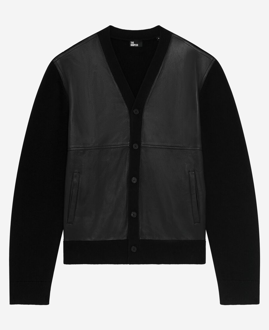 The Kooples HERREN BLACK geknöpfte strickjacke aus zwei materialien mit schwarzem leder