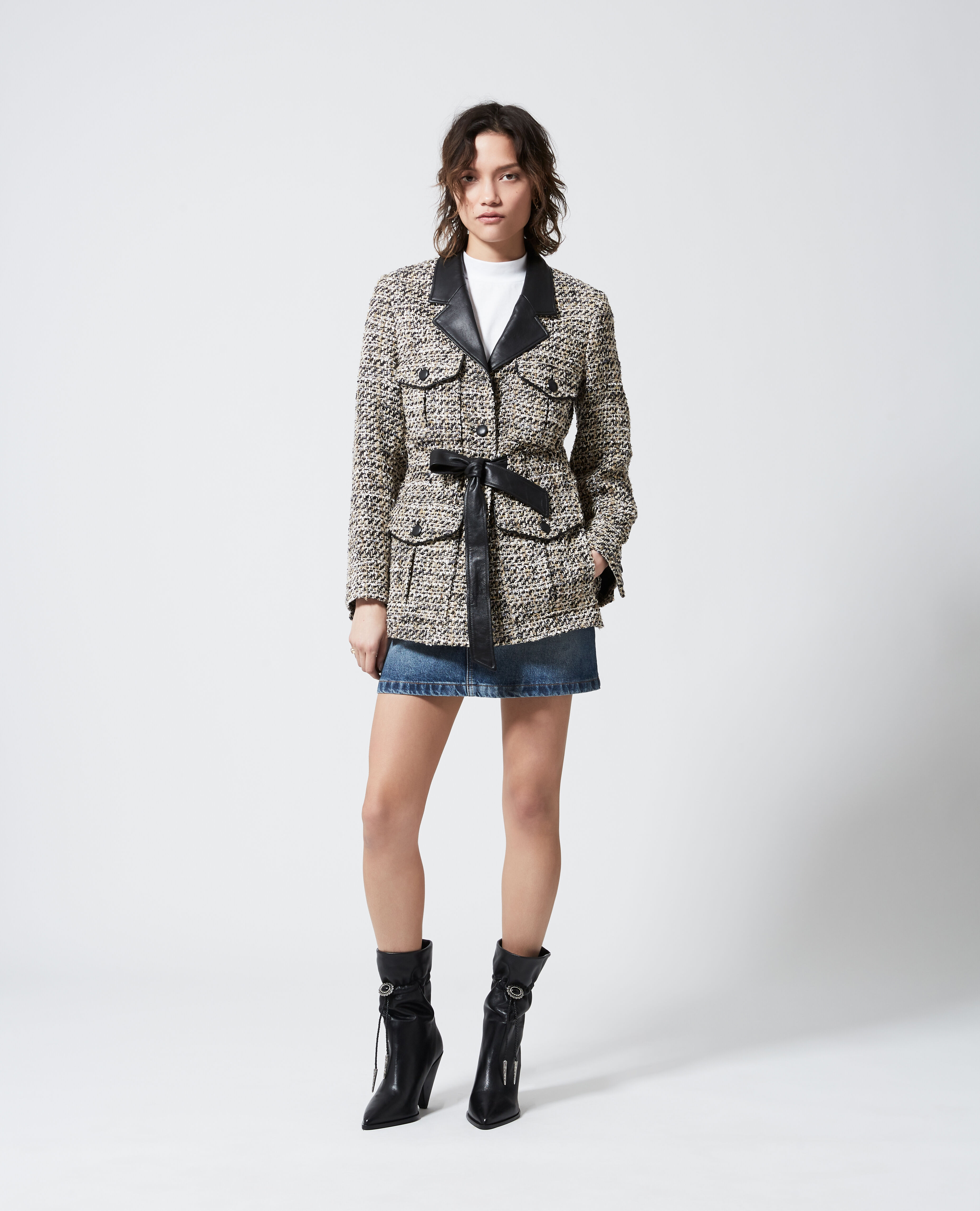 Fitted grey tweed jacket with leather details The Kooples UK