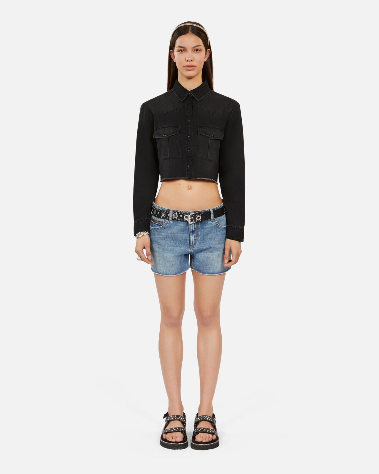 The Kooples WOMEN BLACK WASHED short grey denim shirt