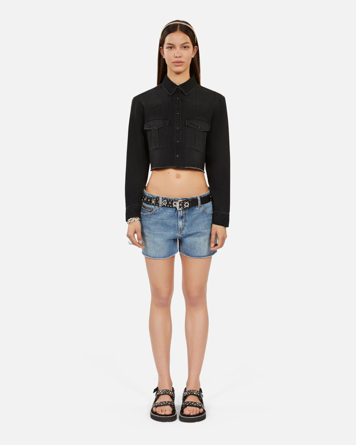 Short grey denim shirt, BLACK WASHED, hi-res image number null