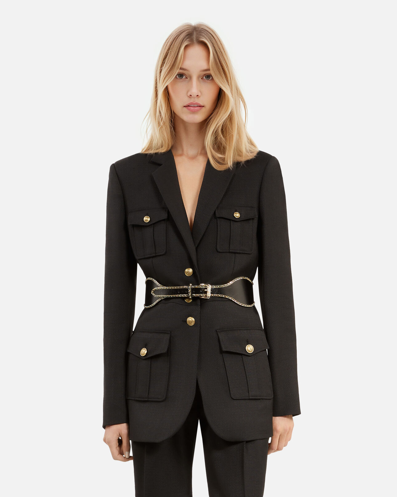 The Kooples WOMEN BLACK wide black leather belt with chains