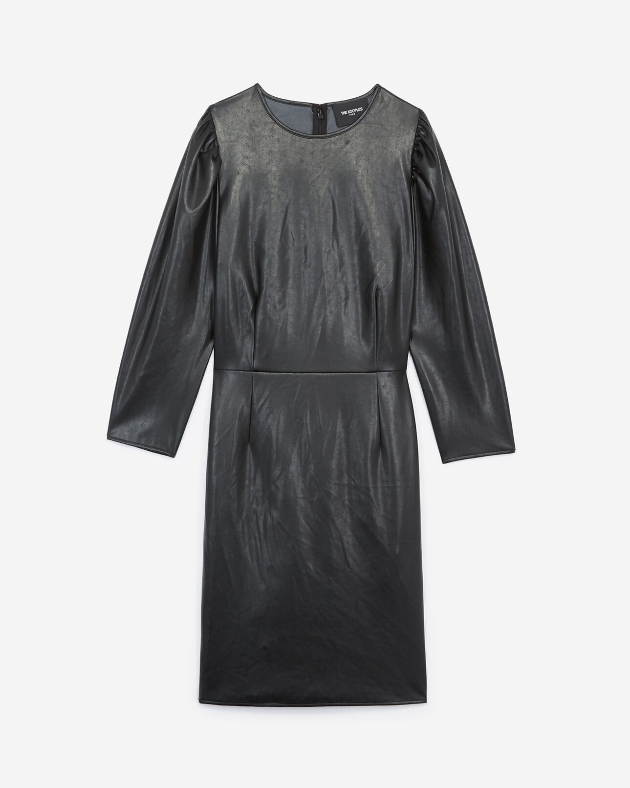 The Kooples FEMME BLACK robe courte noire col rond faux cuir
