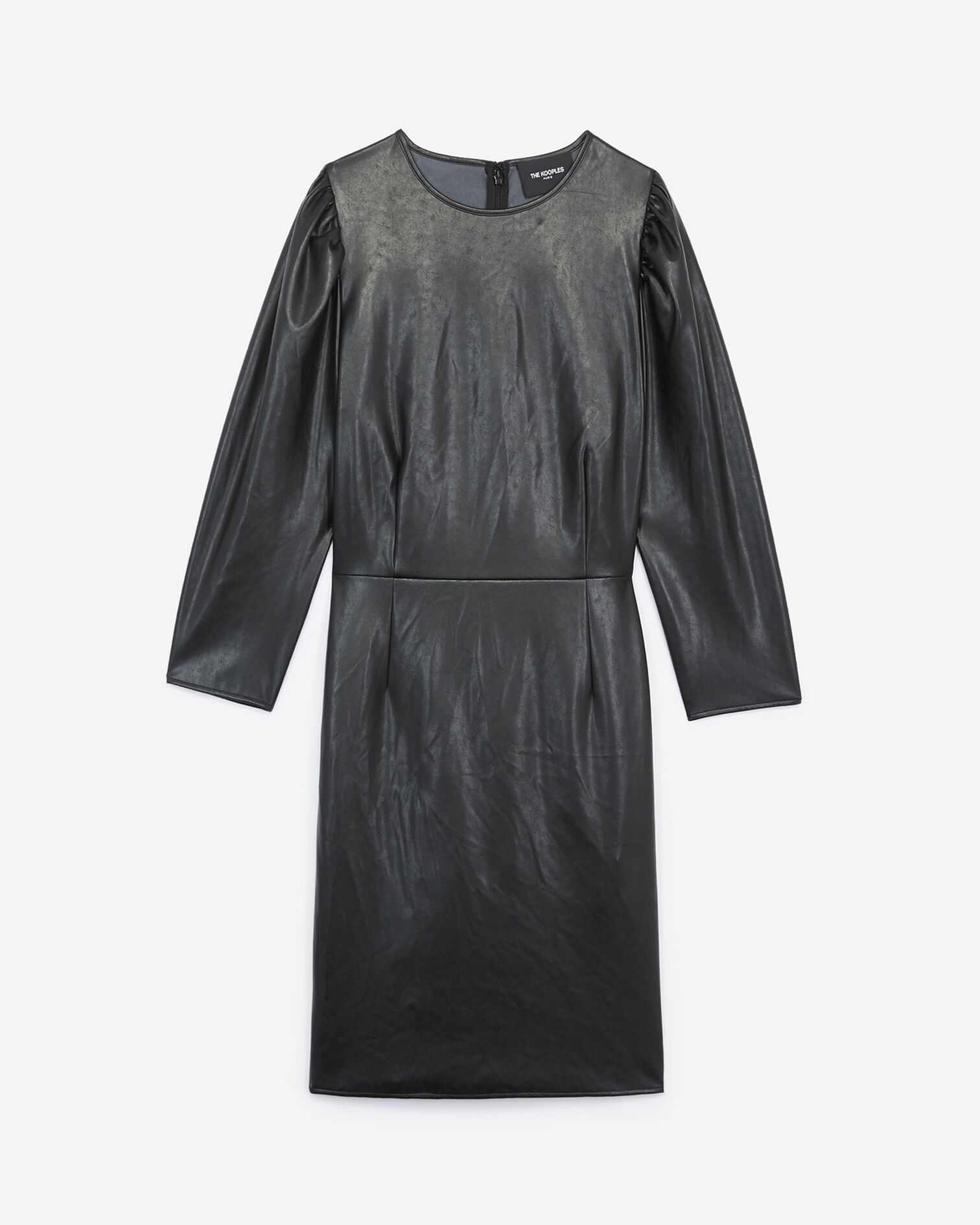 Robe courte noire col rond faux cuir, BLACK, hi-res image number null