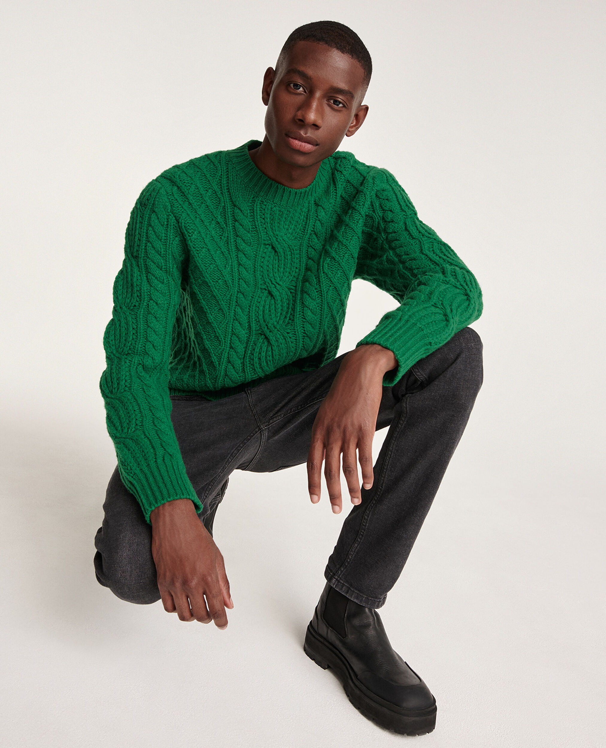 Green wool cable knit sweater, FOREST, hi-res image number null