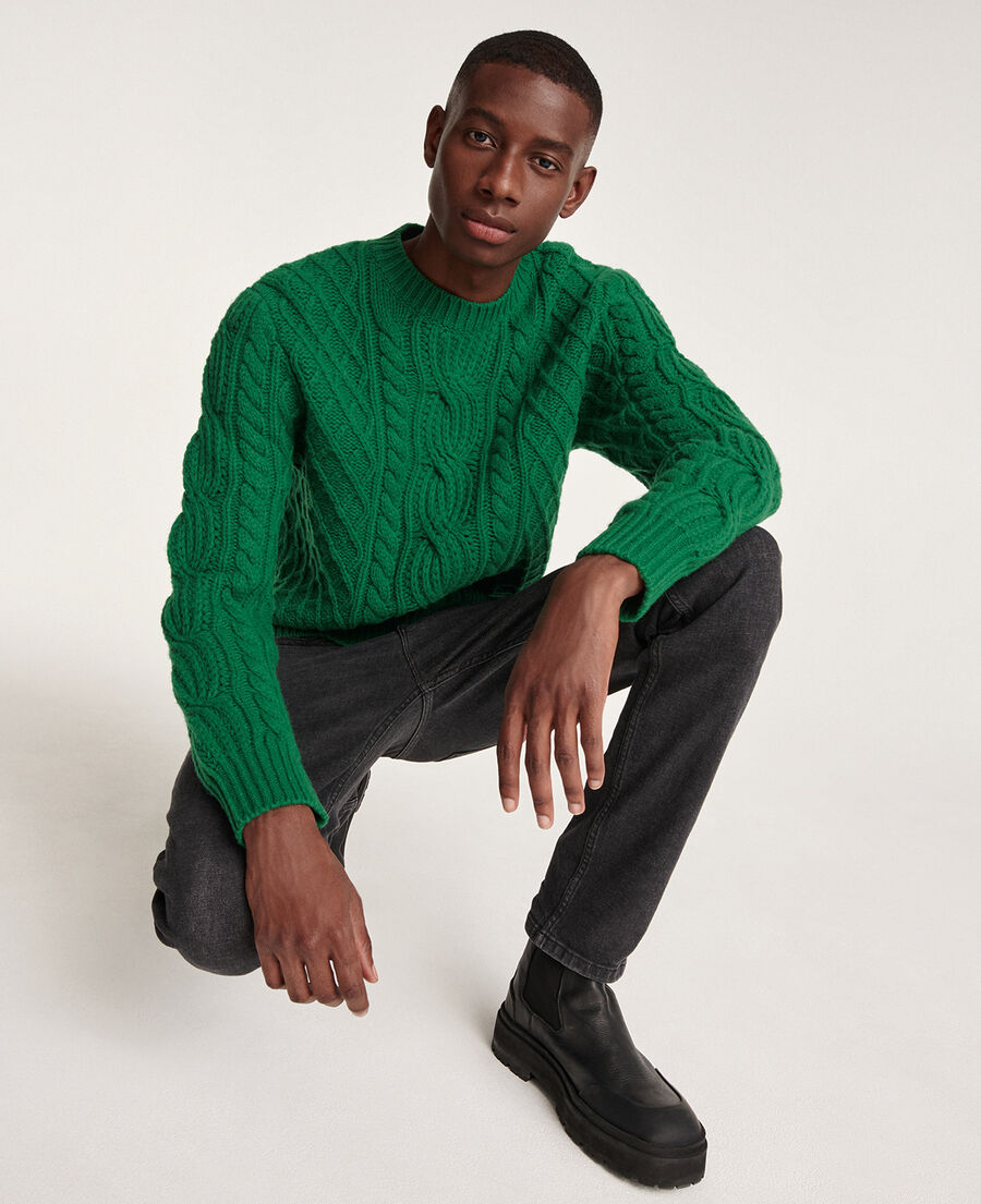 green wool cable knit sweater