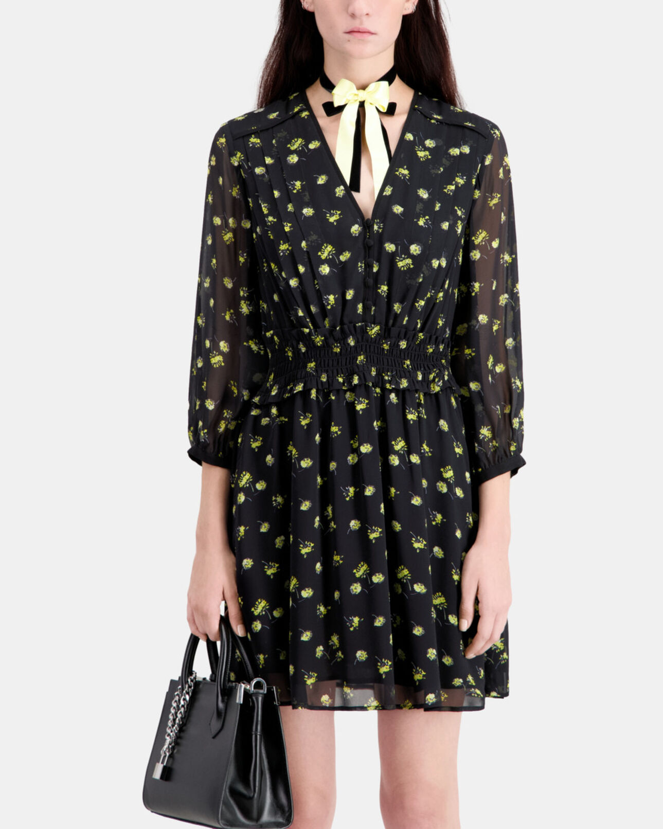 The Kooples FEMME BLACK / YELLOW robe courte imprimée avec boutonnage