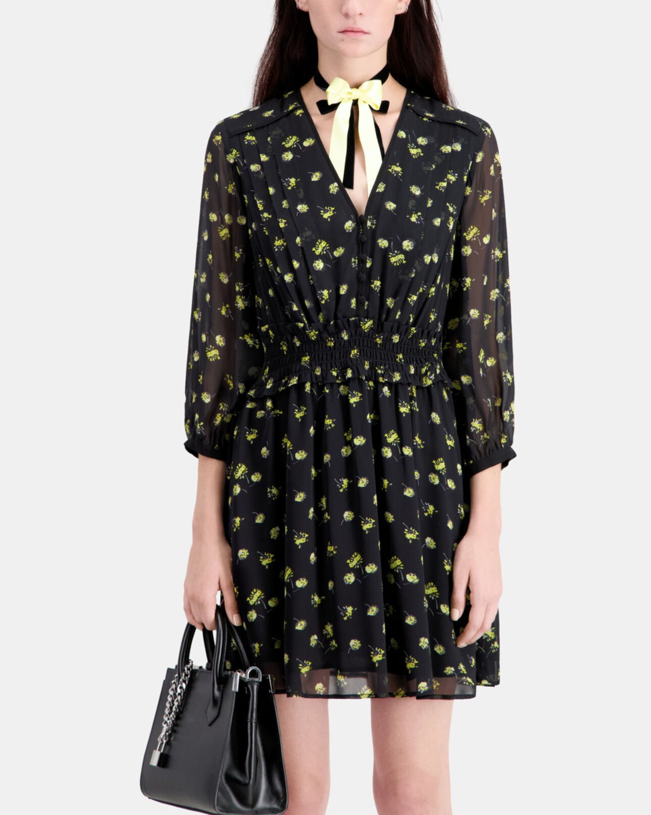 The Kooples FEMME BLACK / YELLOW robe courte imprimée avec boutonnage