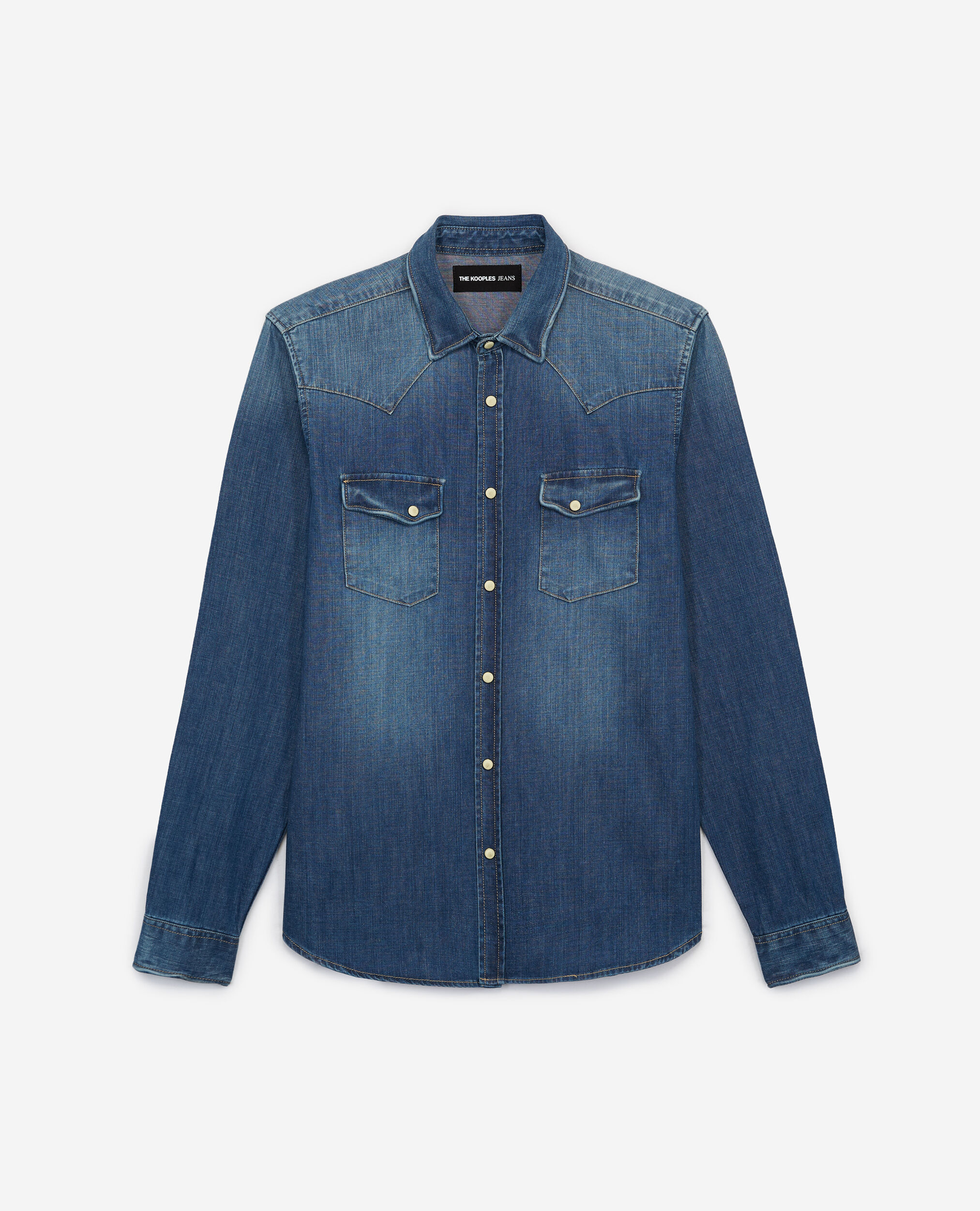 Western-style faded blue denim shirt, BLUE, hi-res image number null