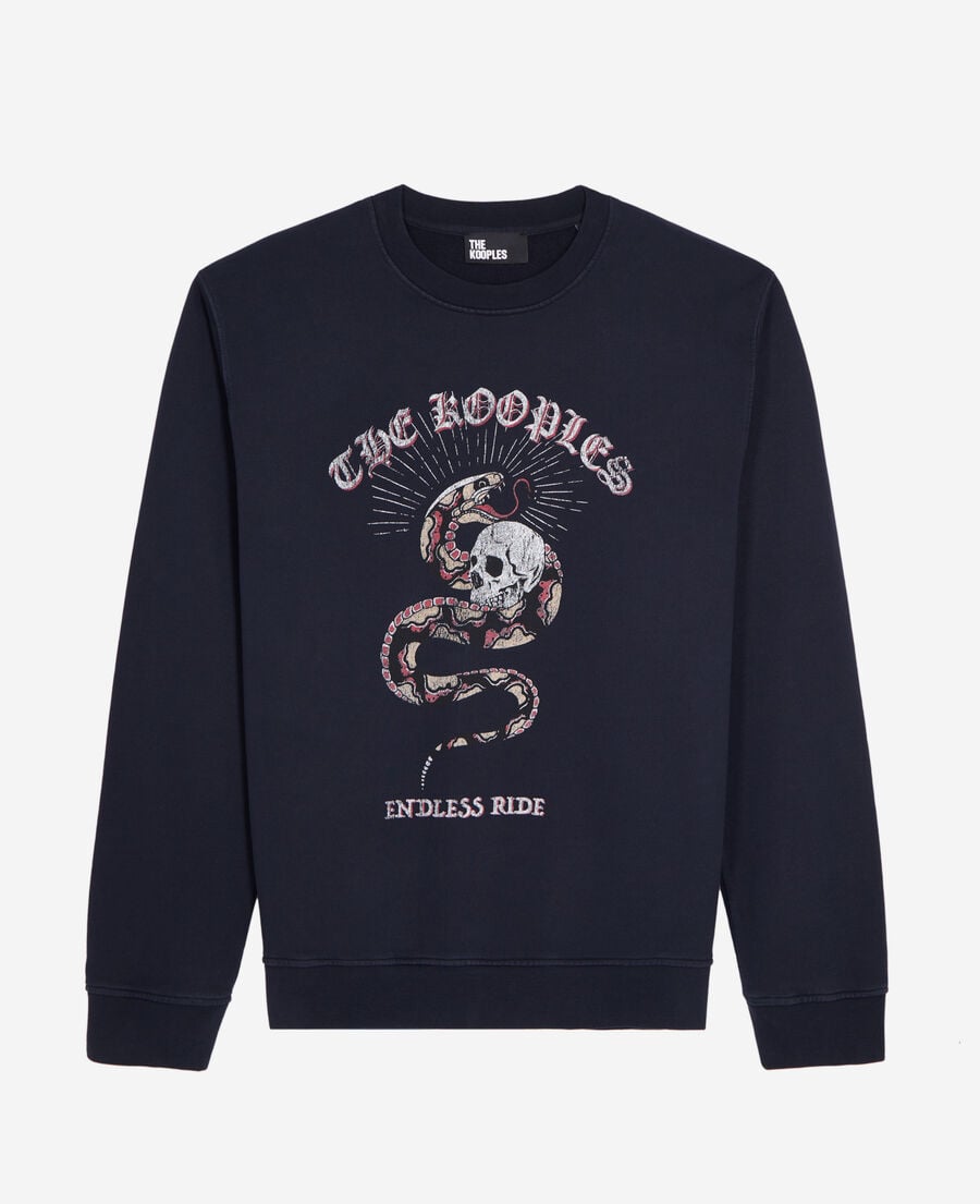 The Kooples MEN WASHED NAVY navy blue sweatshirt with sneaky snake serigraphy