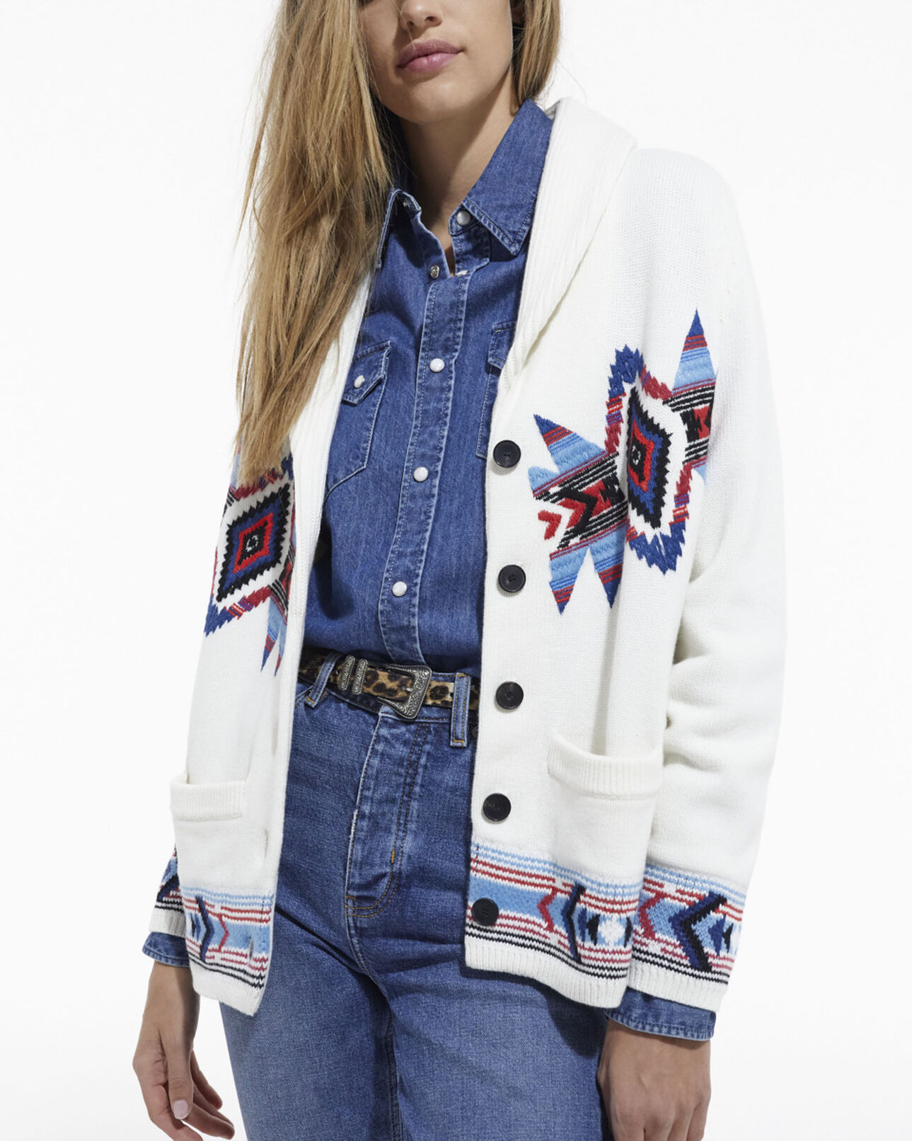 The Kooples FEMME OFF WHITE cardigan col châle à motifs