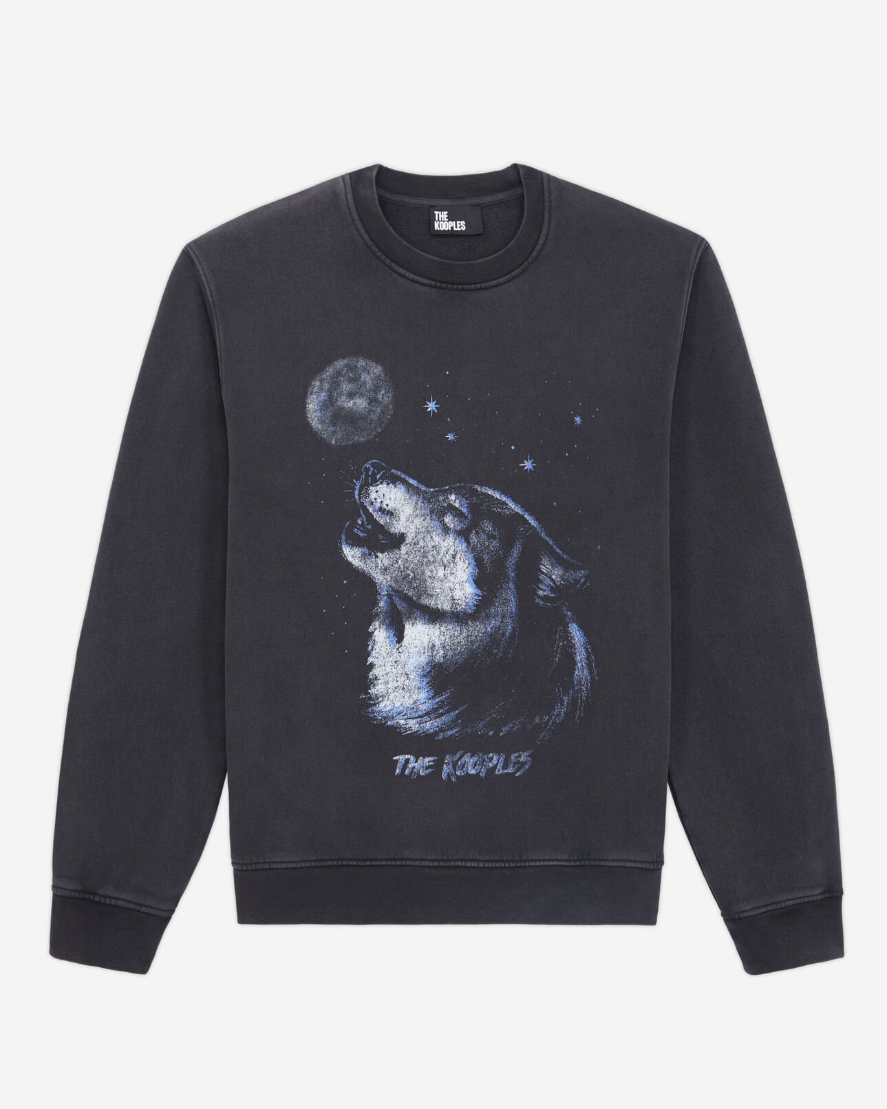 The Kooples HERREN BLACK WASHED herren schwarzes sweatshirt mit „wolf“-siebdruck