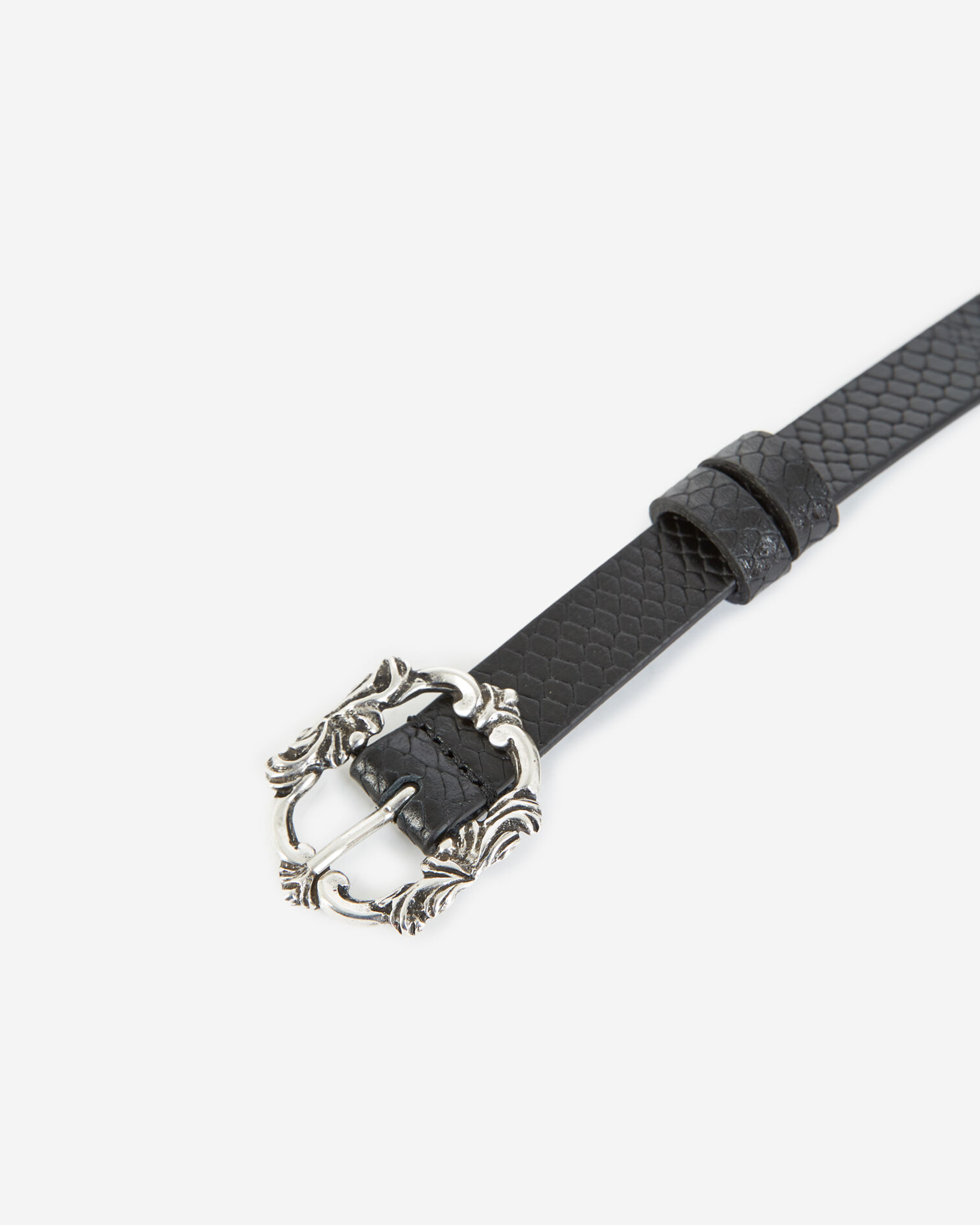 Skinny snake-effect black leather belt, BLACK, hi-res image number null