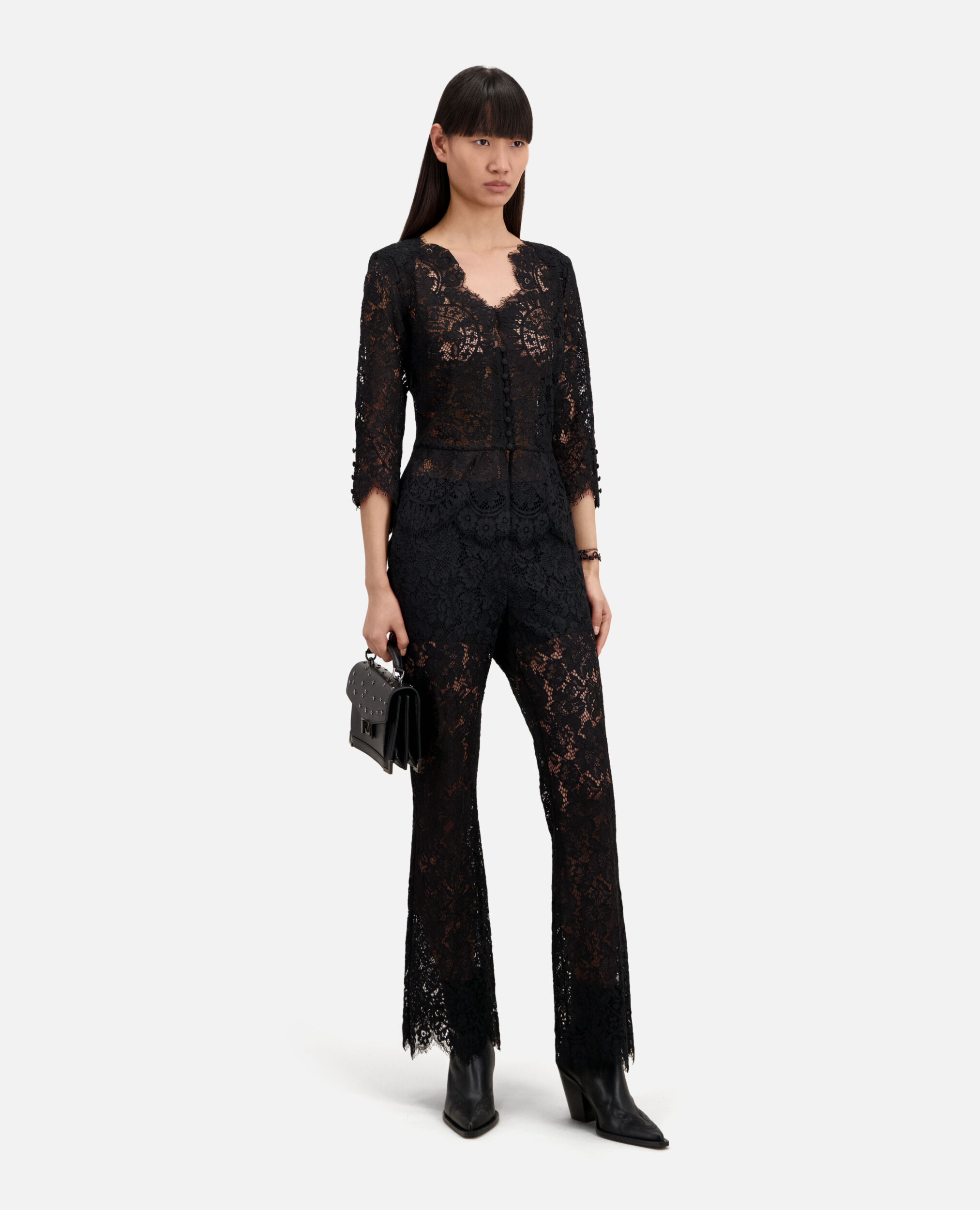 Pantalon flare en dentelle noir, BLACK, hi-res image number null