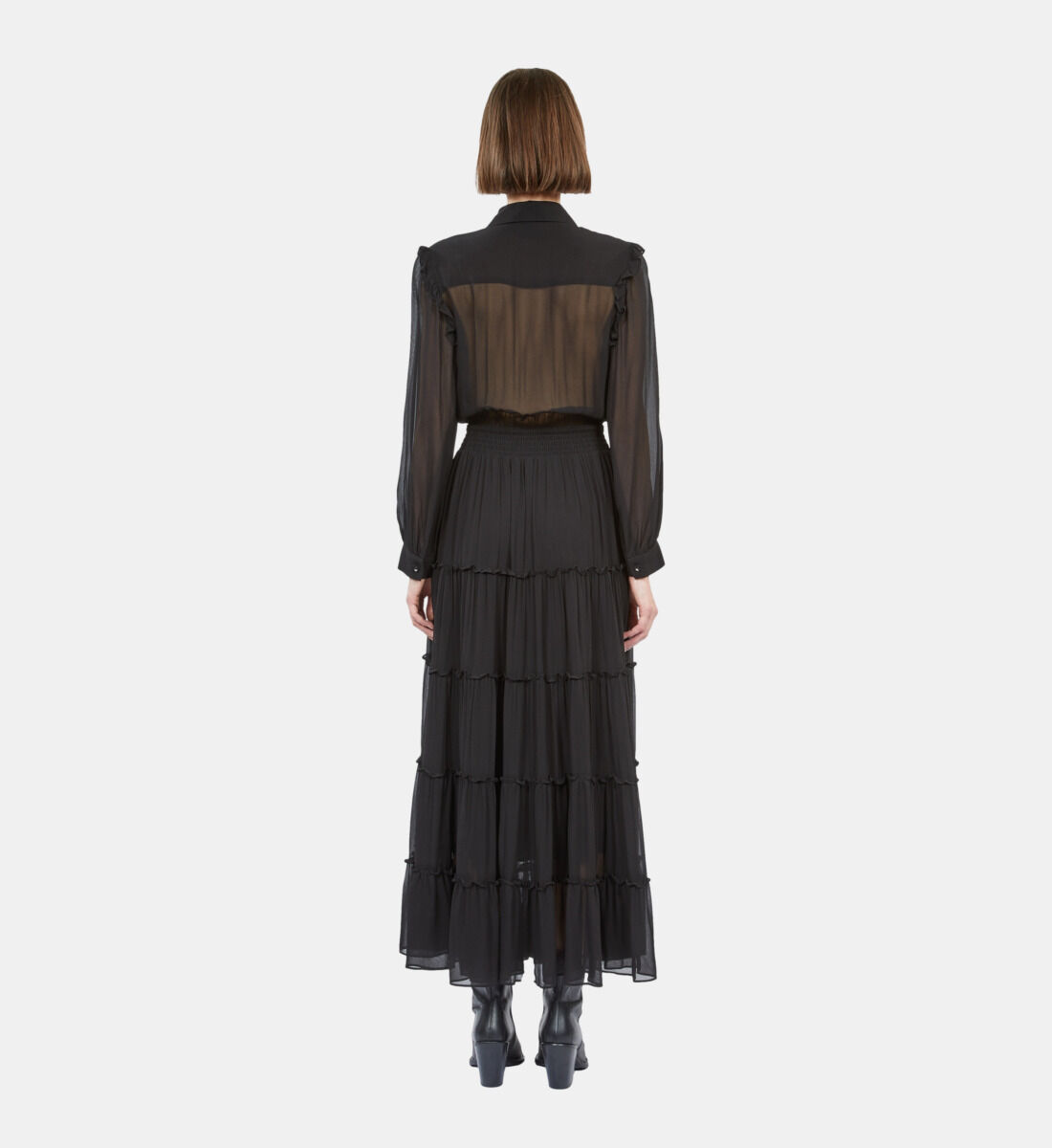 Long black dress with ruffles top