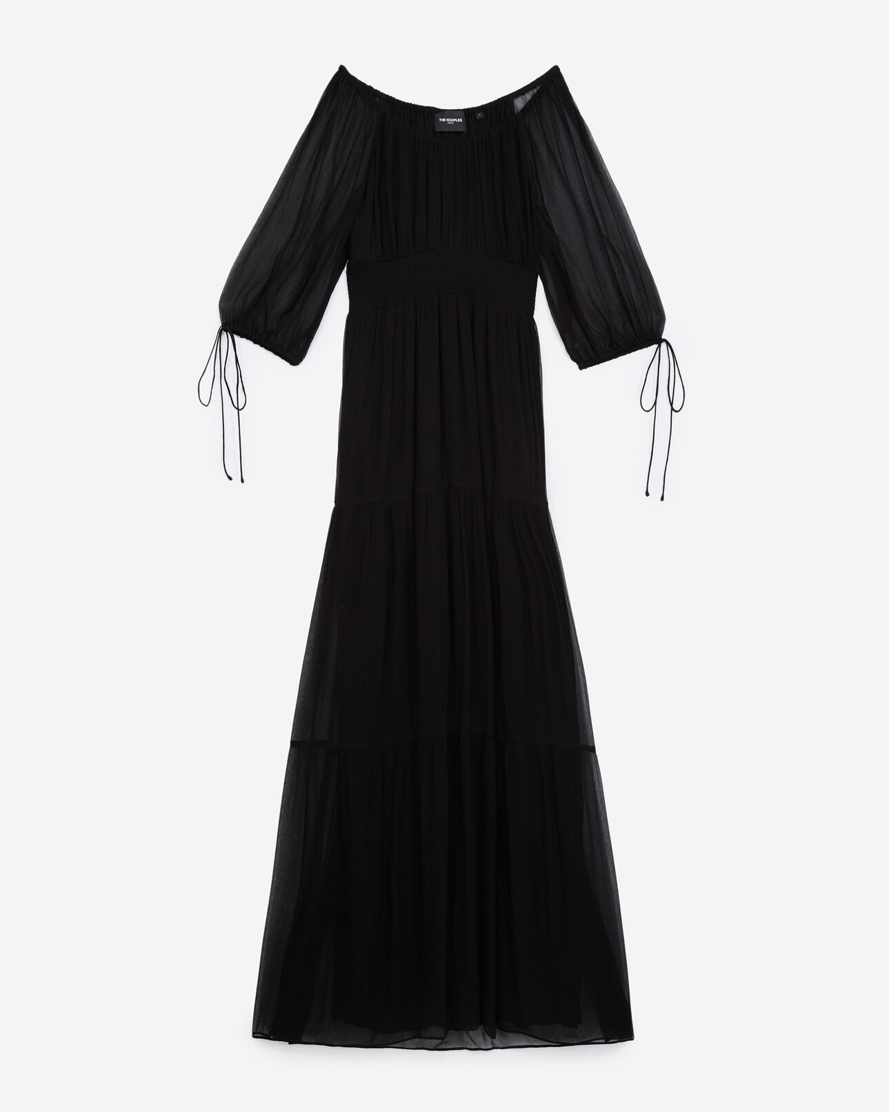 The Kooples DAMEN BLACK langes schwarzes kleid mit gesmokten details