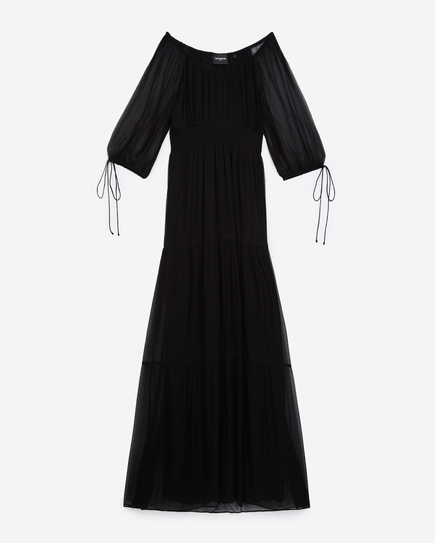 Langes schwarzes Kleid mit gesmokten Details, BLACK, hi-res image number null