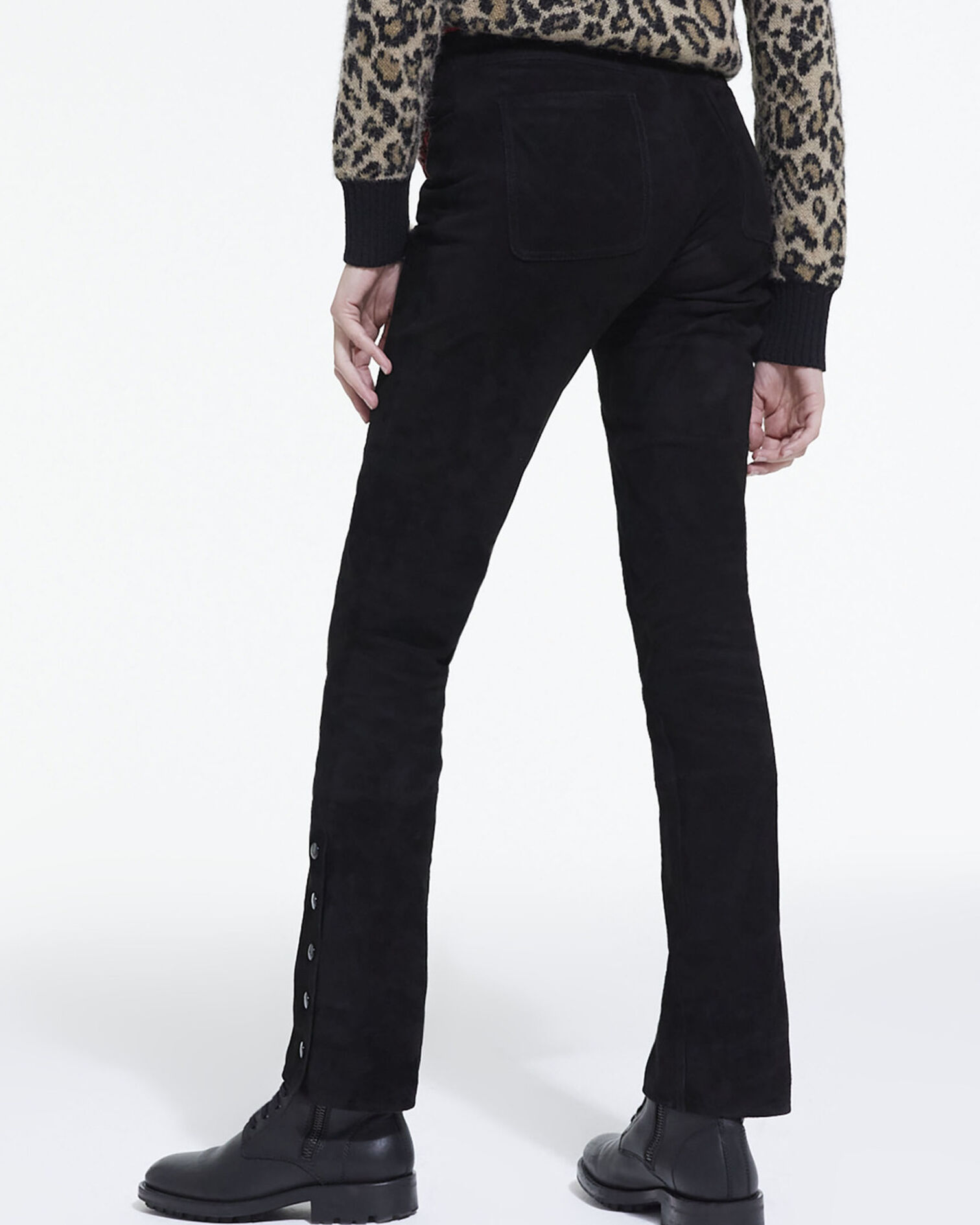 Black suede leather straight-cut pants, BLACK, hi-res image number null