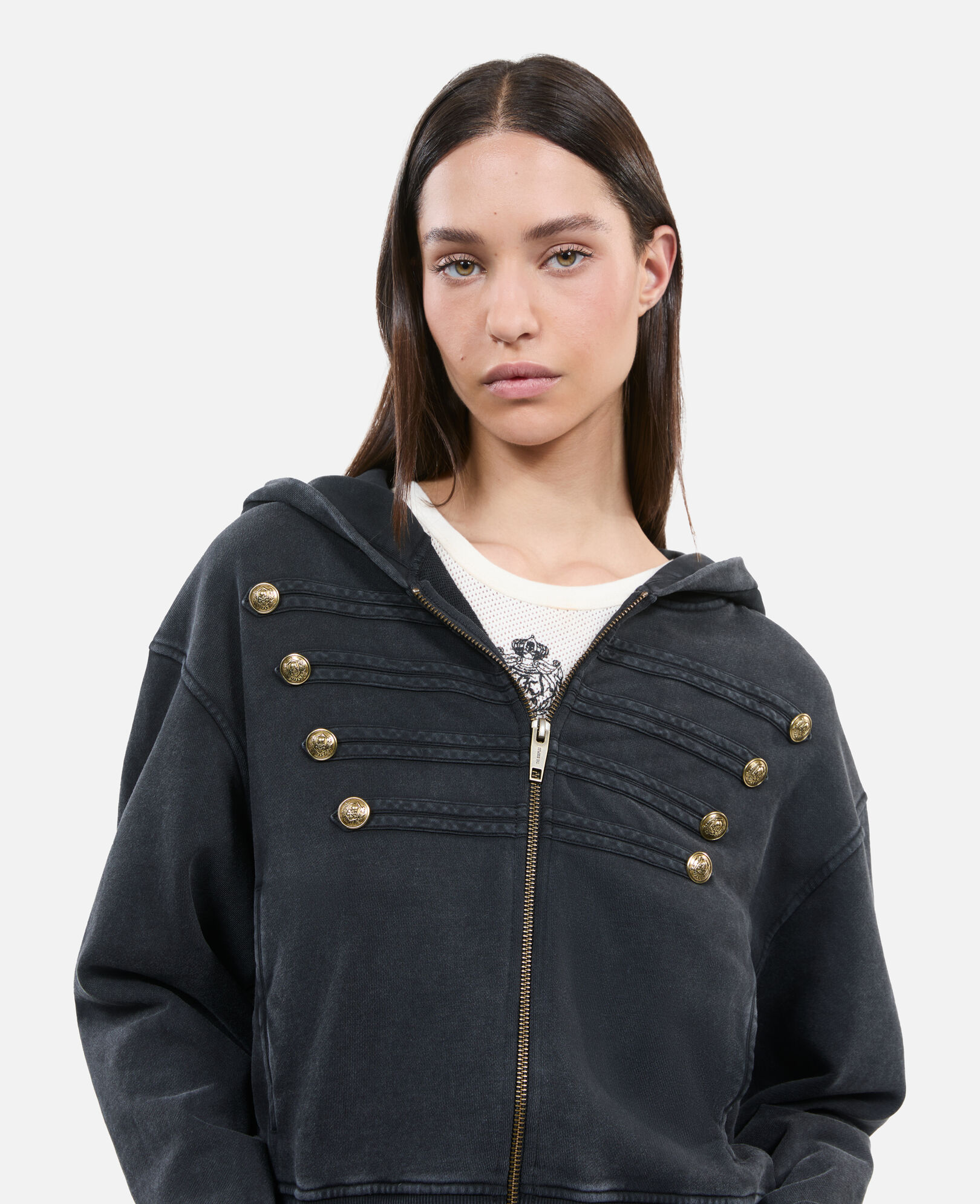 The Kooples F BLACK WASHED black officer style hoodie