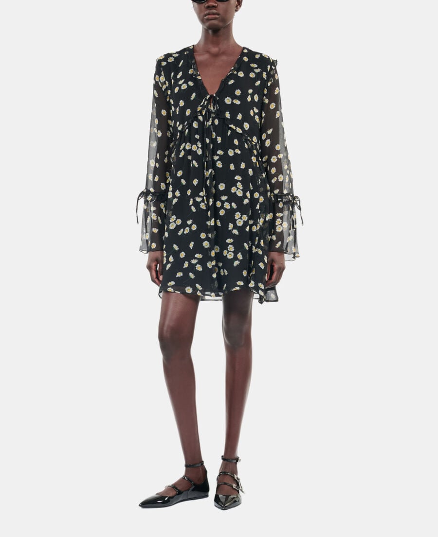 The Kooples WOMEN BLACK WHITE floral printed silk short dress